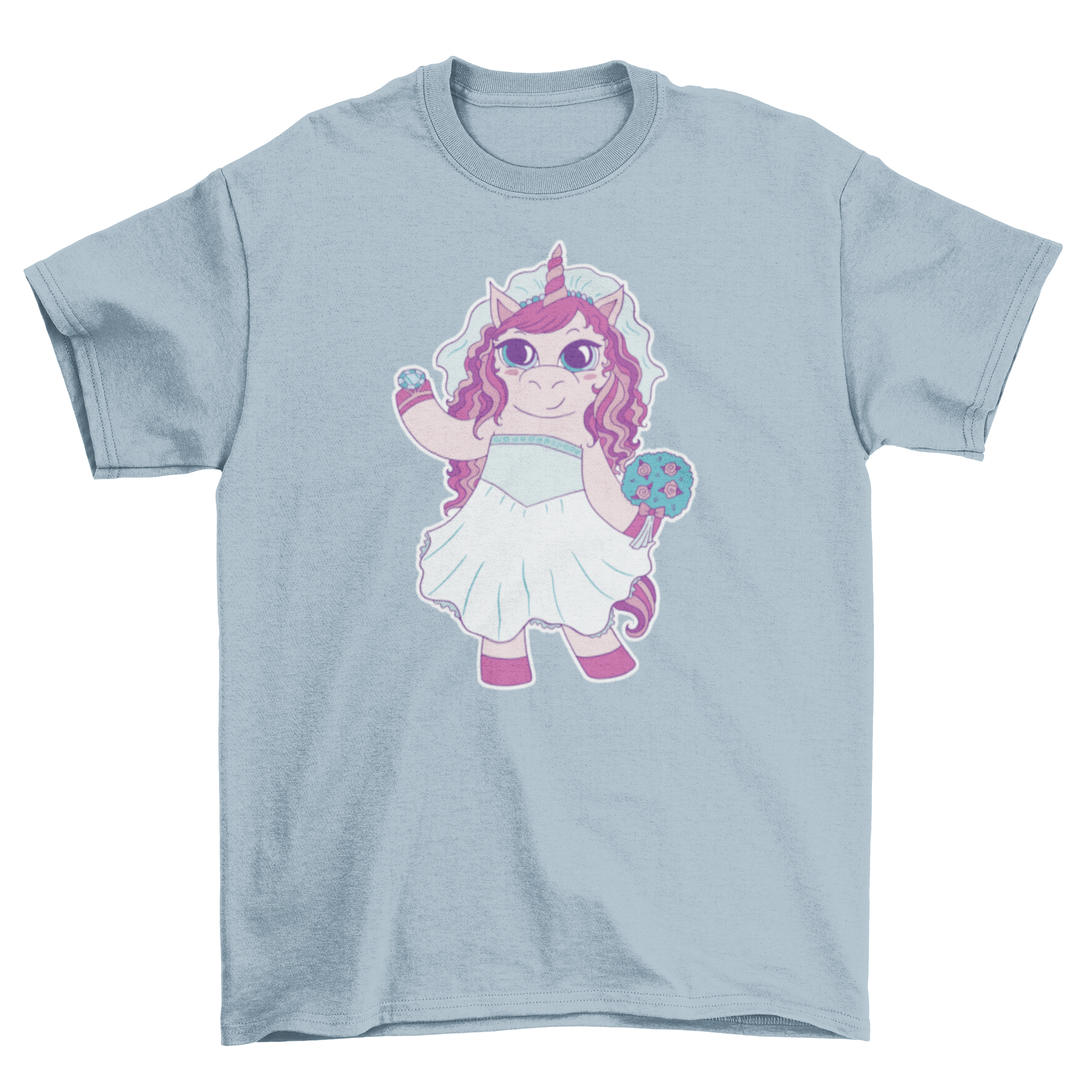 A whimsical t-shirt featuring a unicorn bride in a wedding dress with a giant ring, perfect for bridal celebrations.