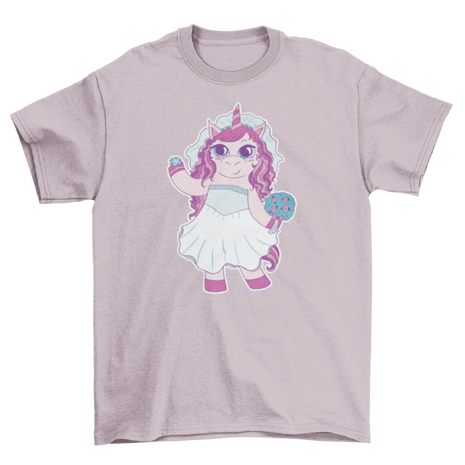 A whimsical t-shirt featuring a unicorn bride in a wedding dress with a giant ring, perfect for bridal celebrations.