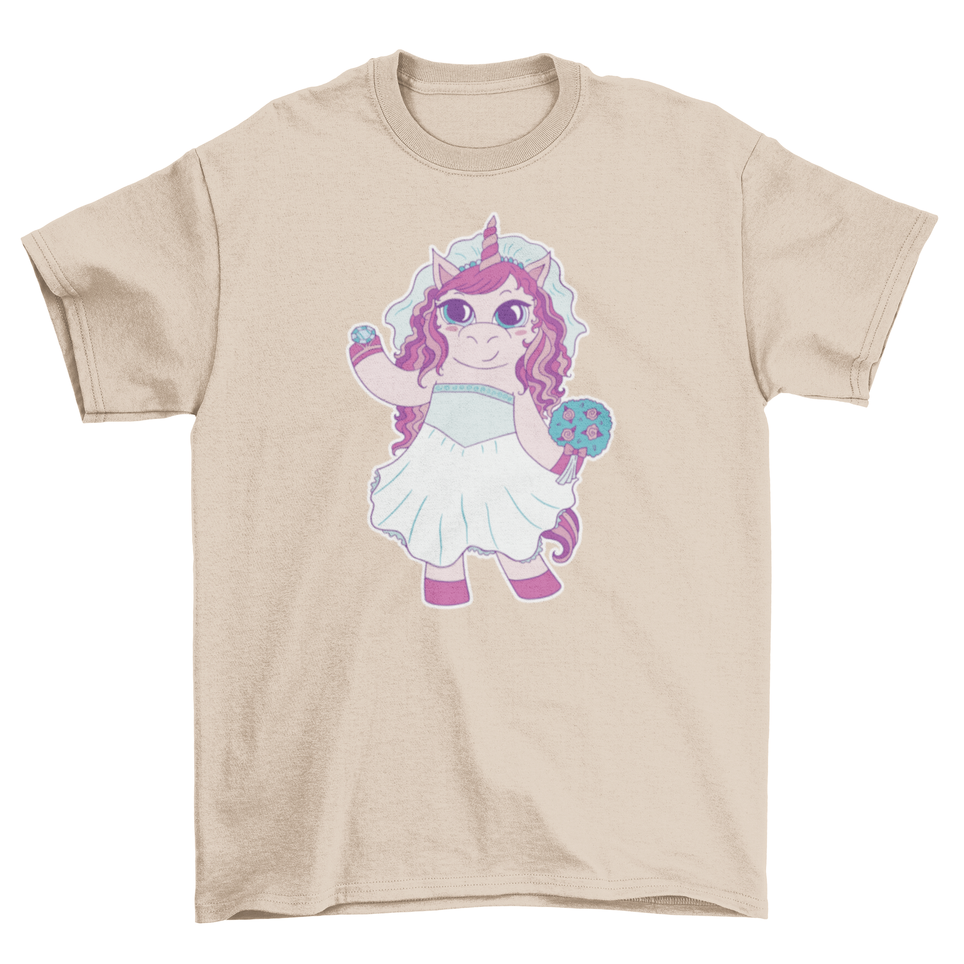 A whimsical t-shirt featuring a unicorn bride in a wedding dress with a giant ring, perfect for bridal celebrations.