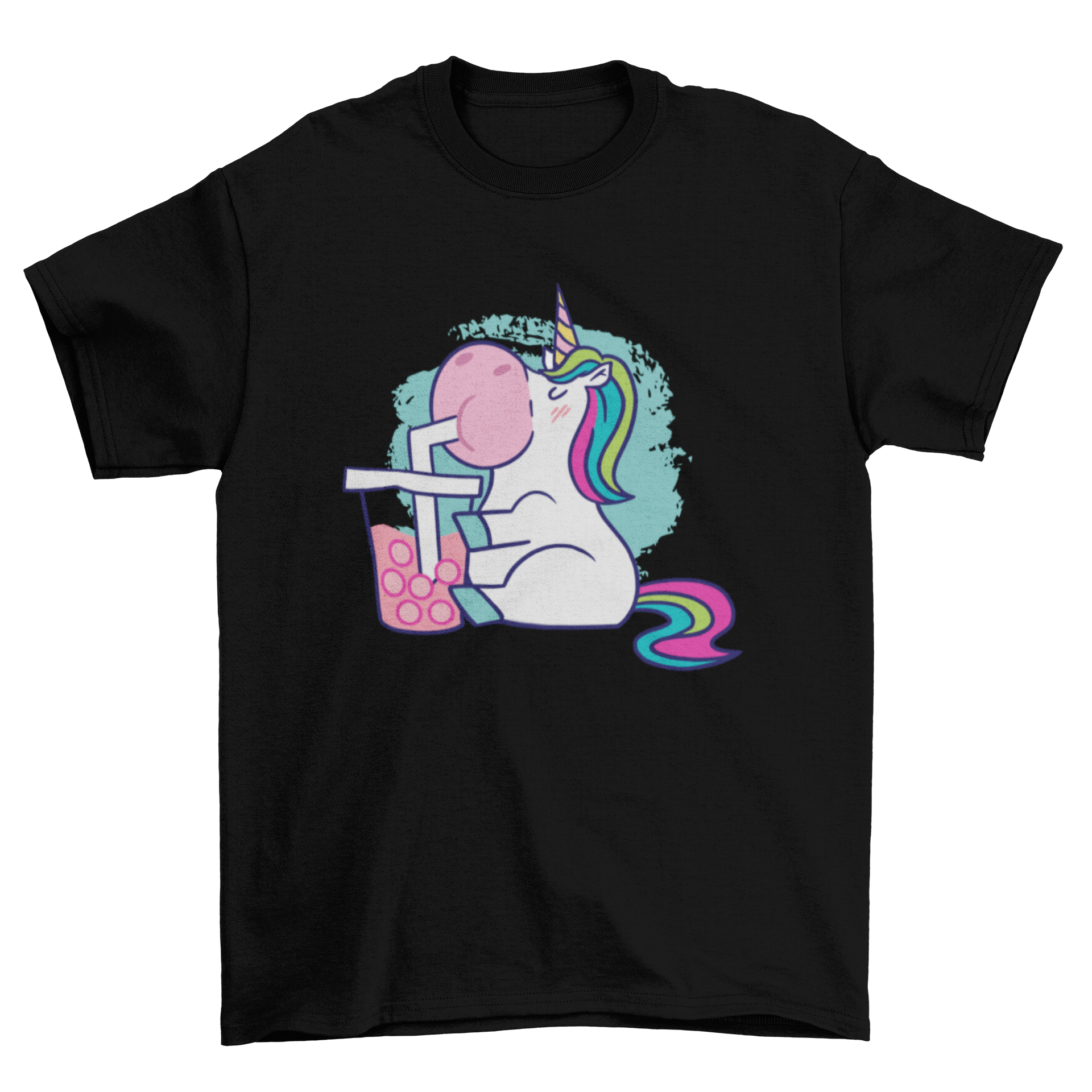 A colorful cartoon t-shirt design featuring a unicorn joyfully drinking bubble tea, showcasing a fun and whimsical style.