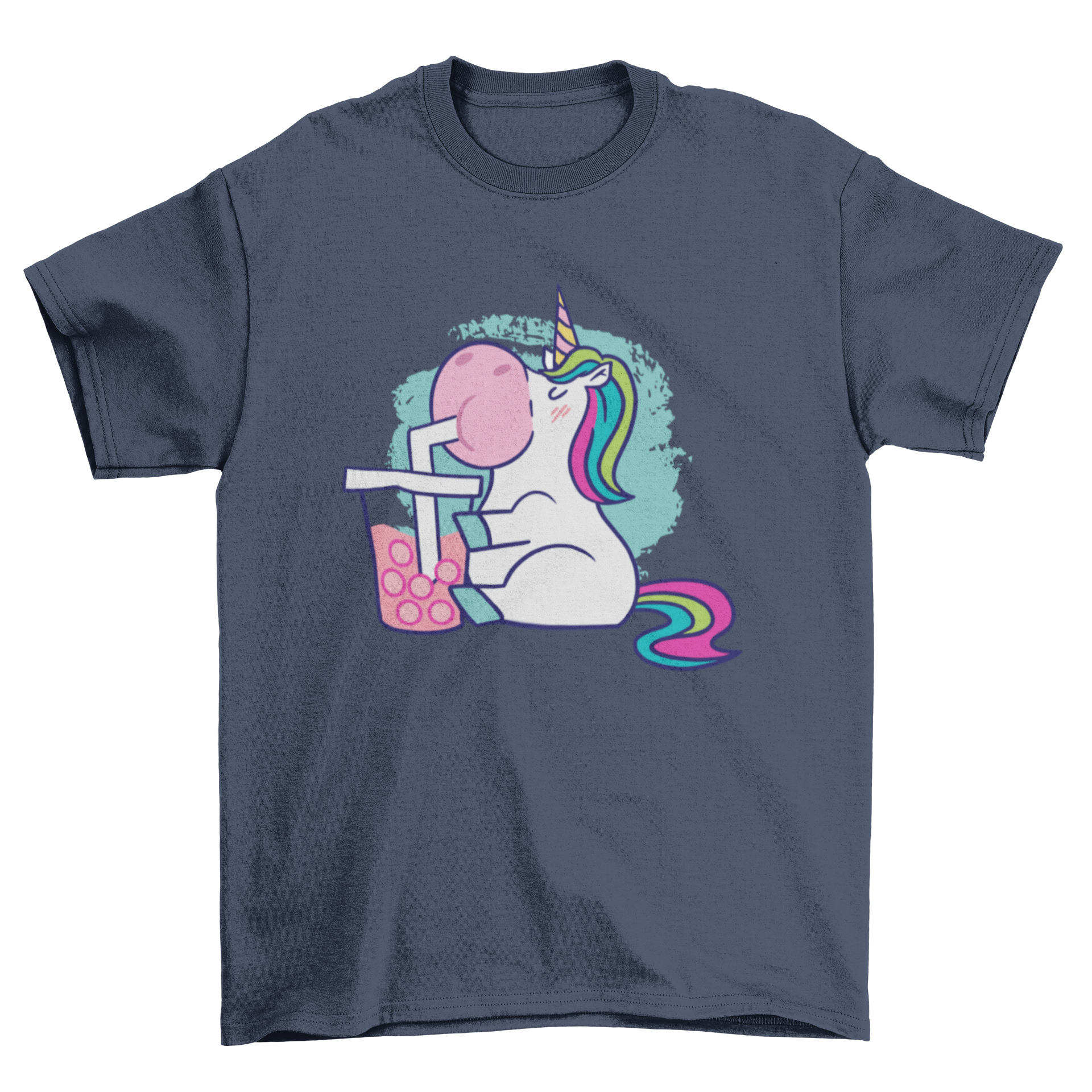 A colorful cartoon t-shirt design featuring a unicorn joyfully drinking bubble tea, showcasing a fun and whimsical style.