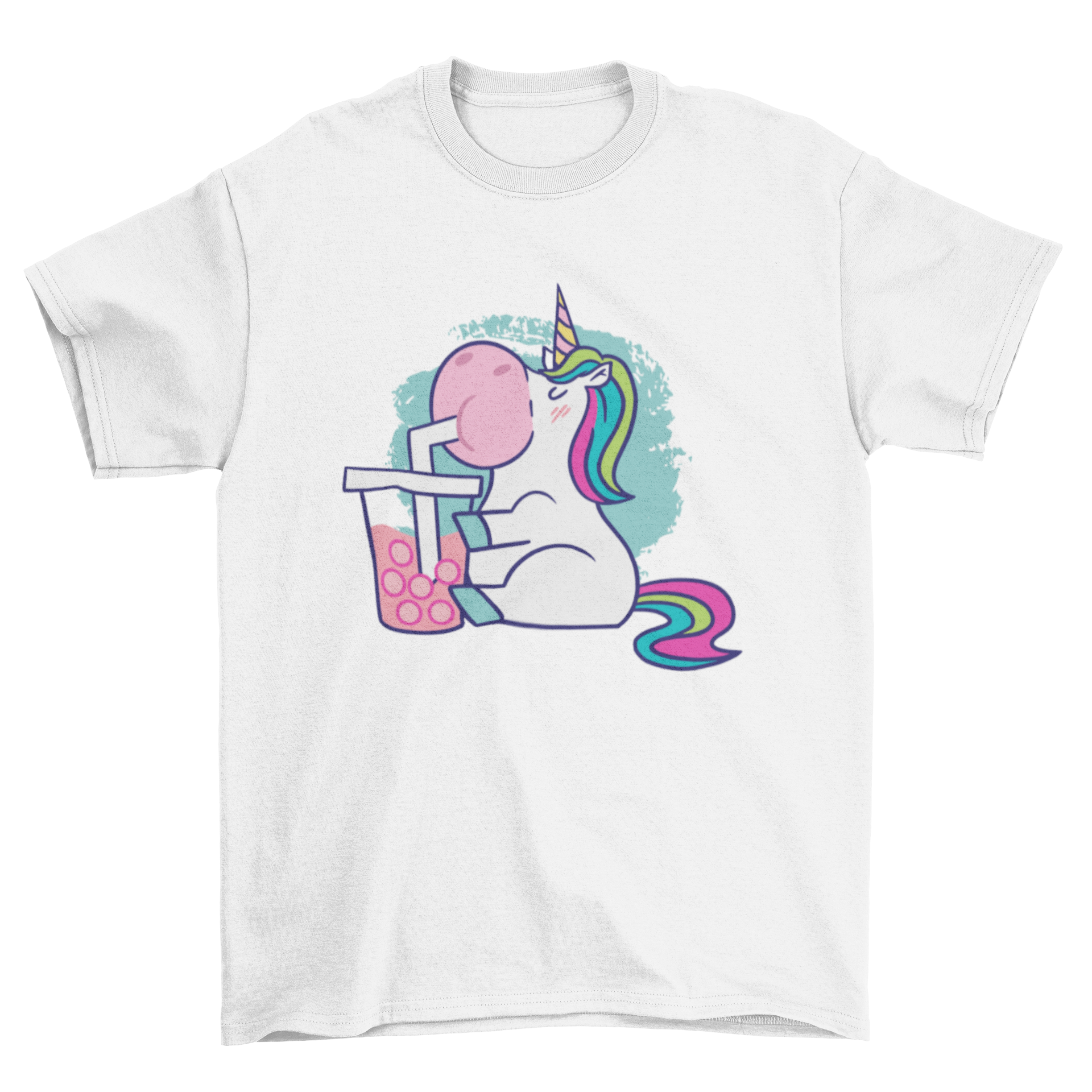 A colorful cartoon t-shirt design featuring a unicorn joyfully drinking bubble tea, showcasing a fun and whimsical style.