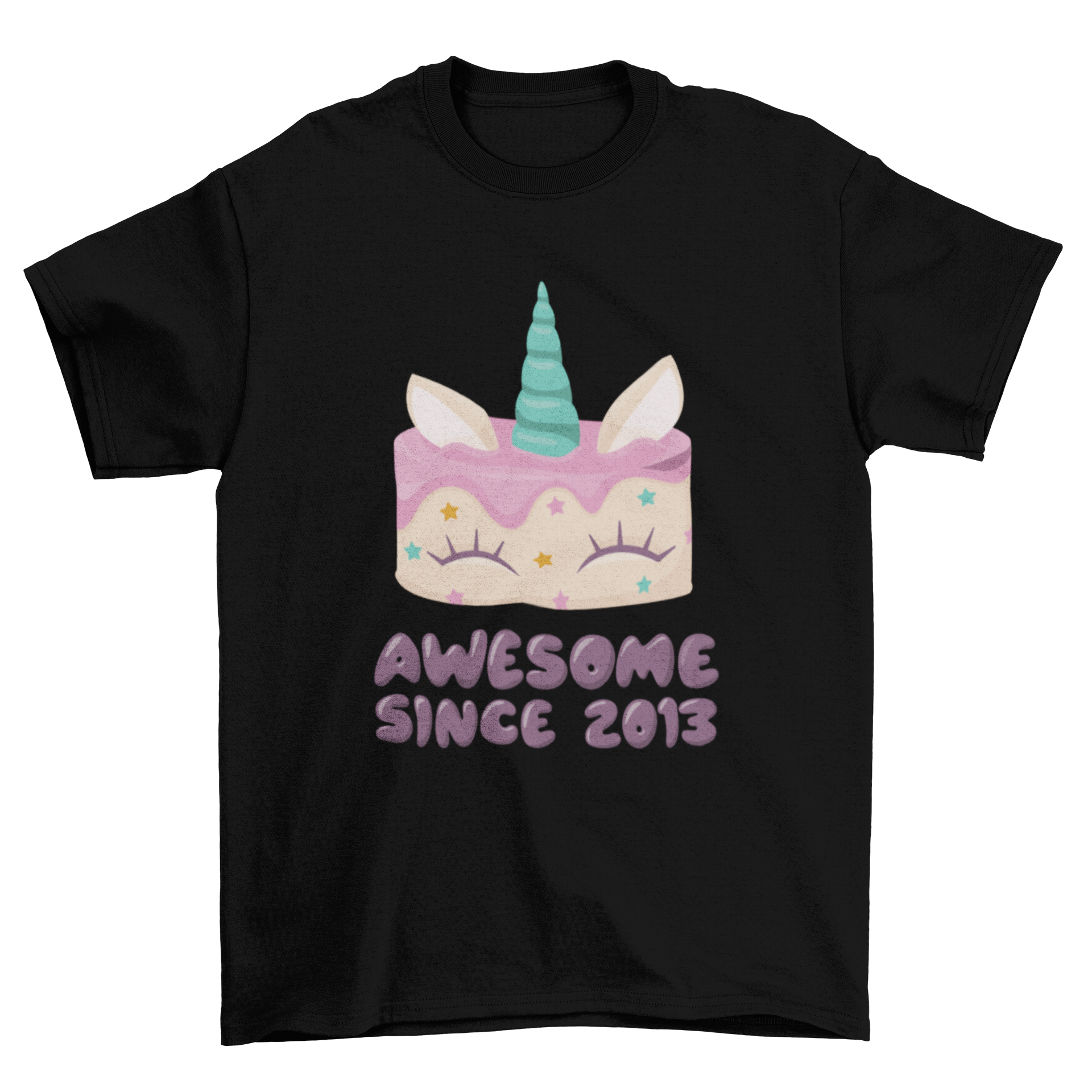 A colorful T-shirt design featuring a unicorn cake with sprinkles and the quote 'AWESOME SINCE 2013'.