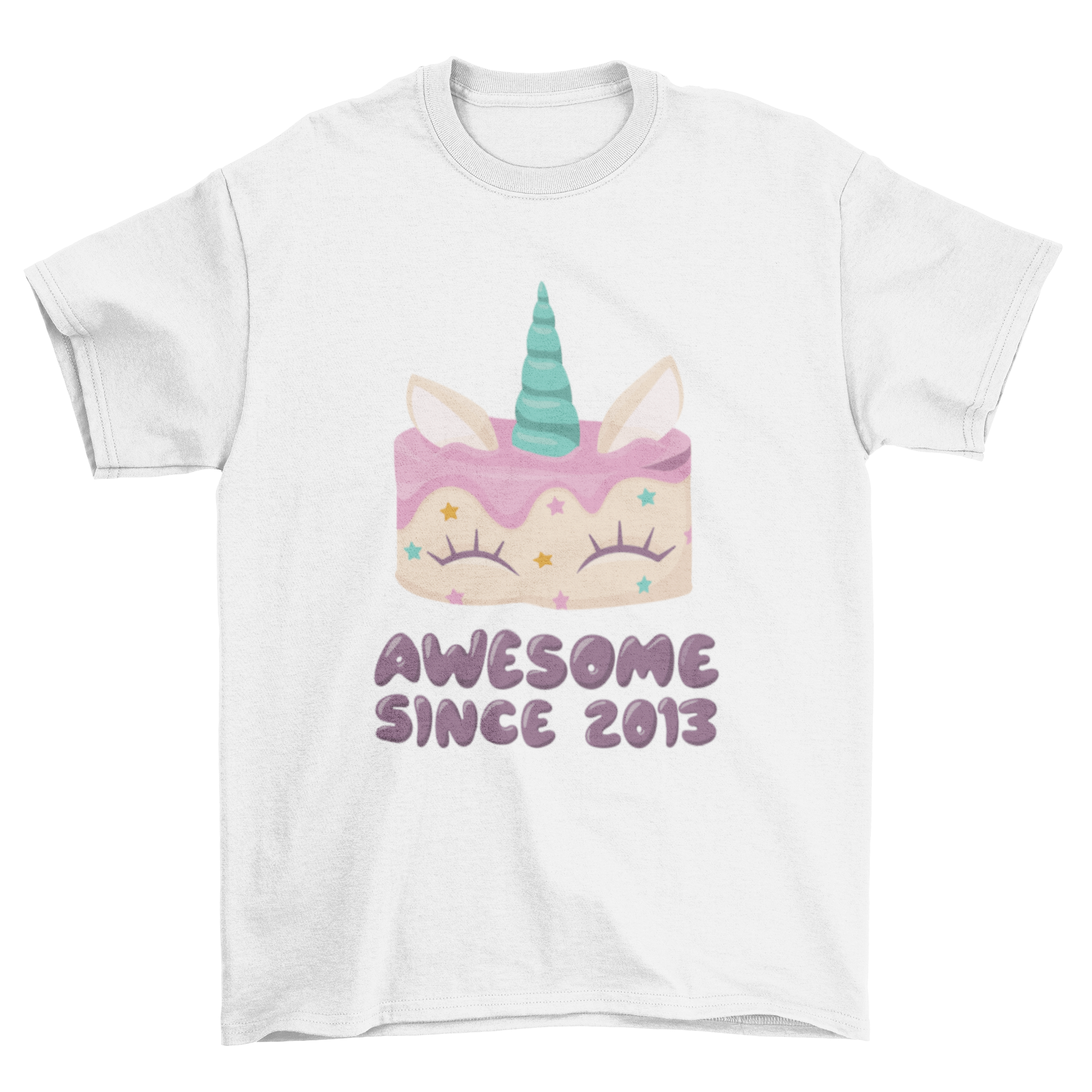 A colorful T-shirt design featuring a unicorn cake with sprinkles and the quote 'AWESOME SINCE 2013'.