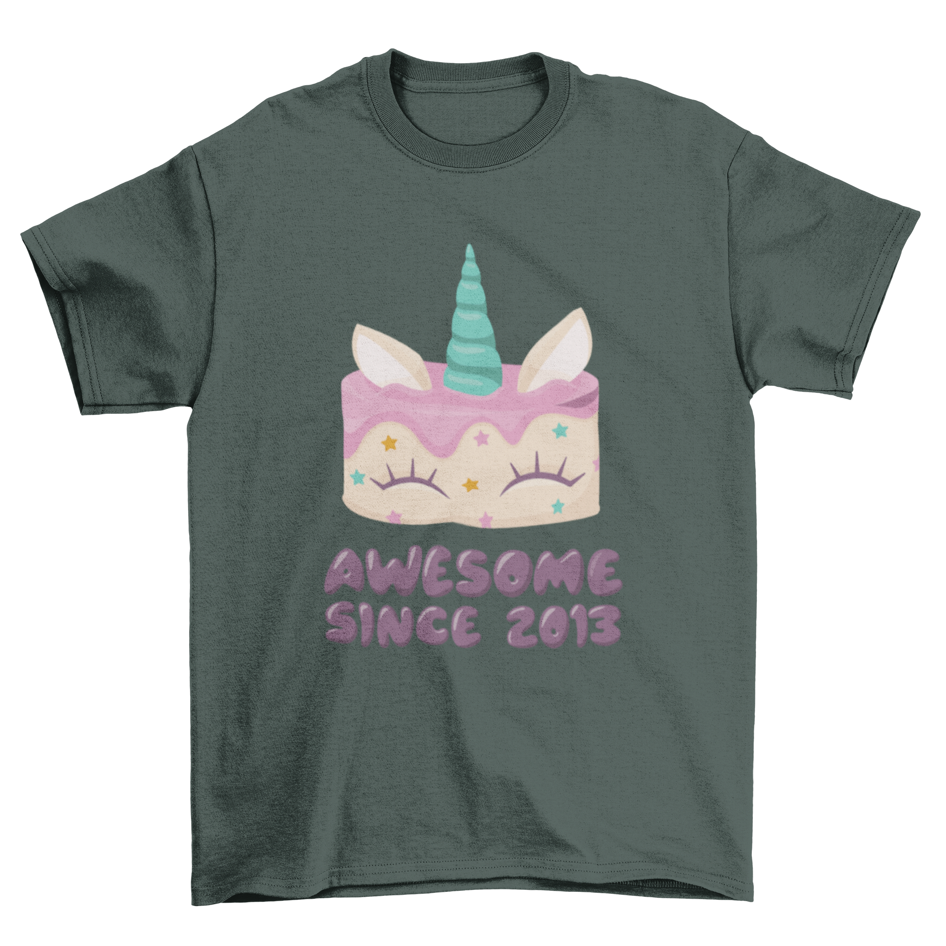 A colorful T-shirt design featuring a unicorn cake with sprinkles and the quote 'AWESOME SINCE 2013'.