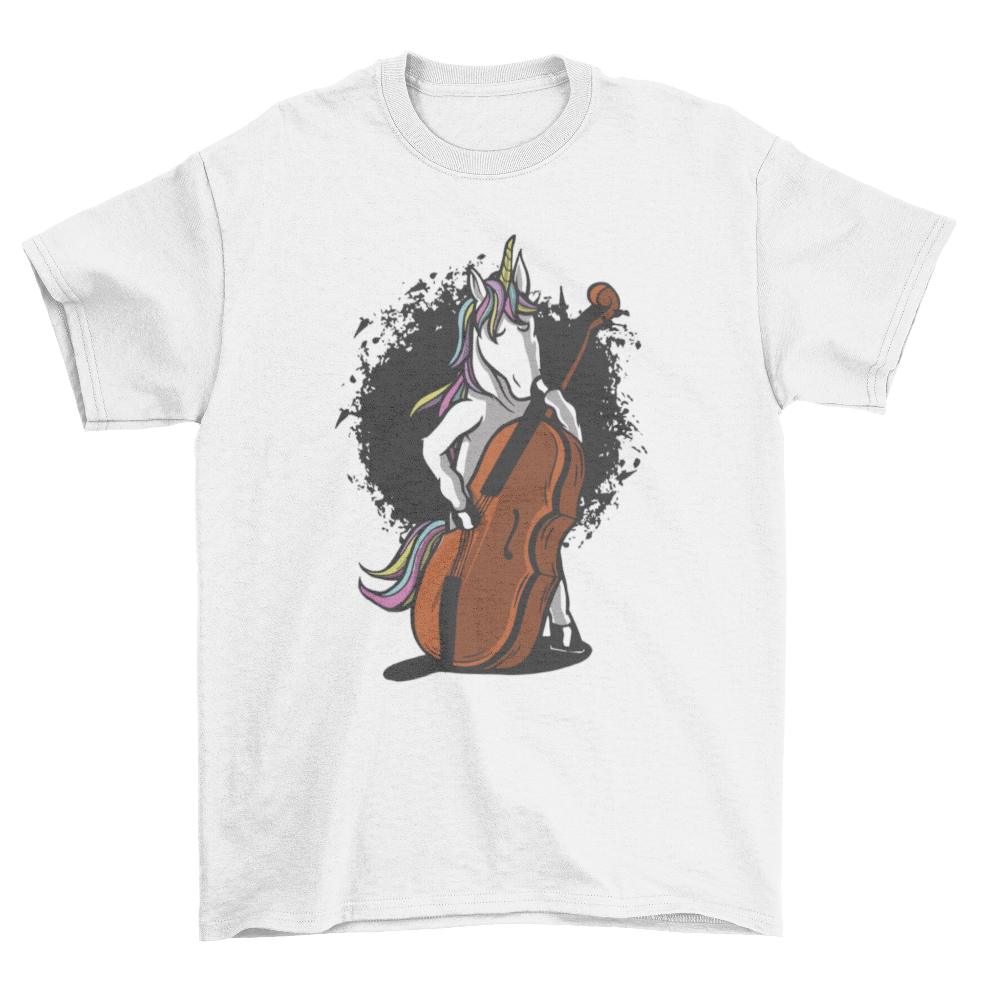 A whimsical t-shirt featuring a colorful illustration of a unicorn playing a cello, showcasing a blend of fantasy and music.