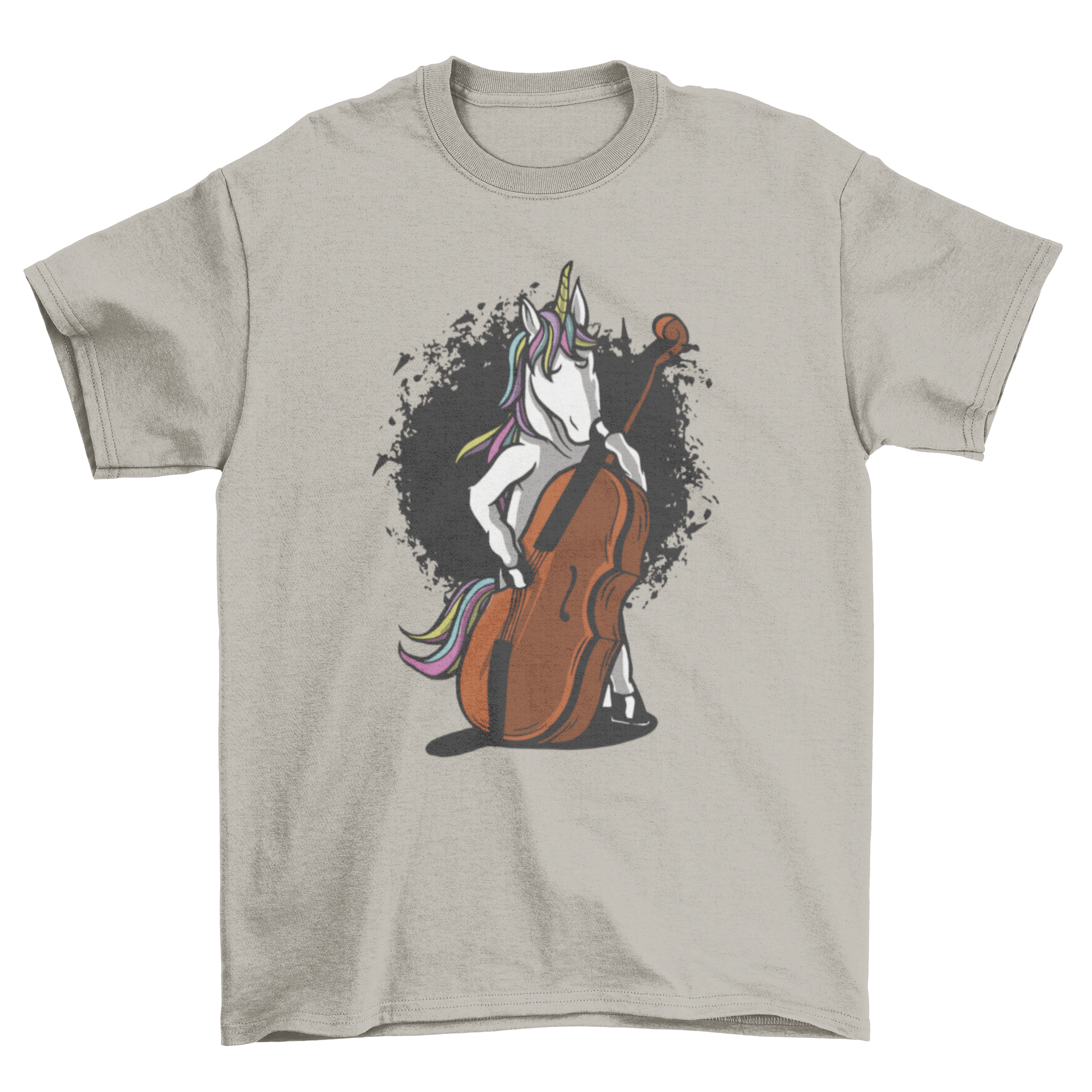 A whimsical t-shirt featuring a colorful illustration of a unicorn playing a cello, showcasing a blend of fantasy and music.