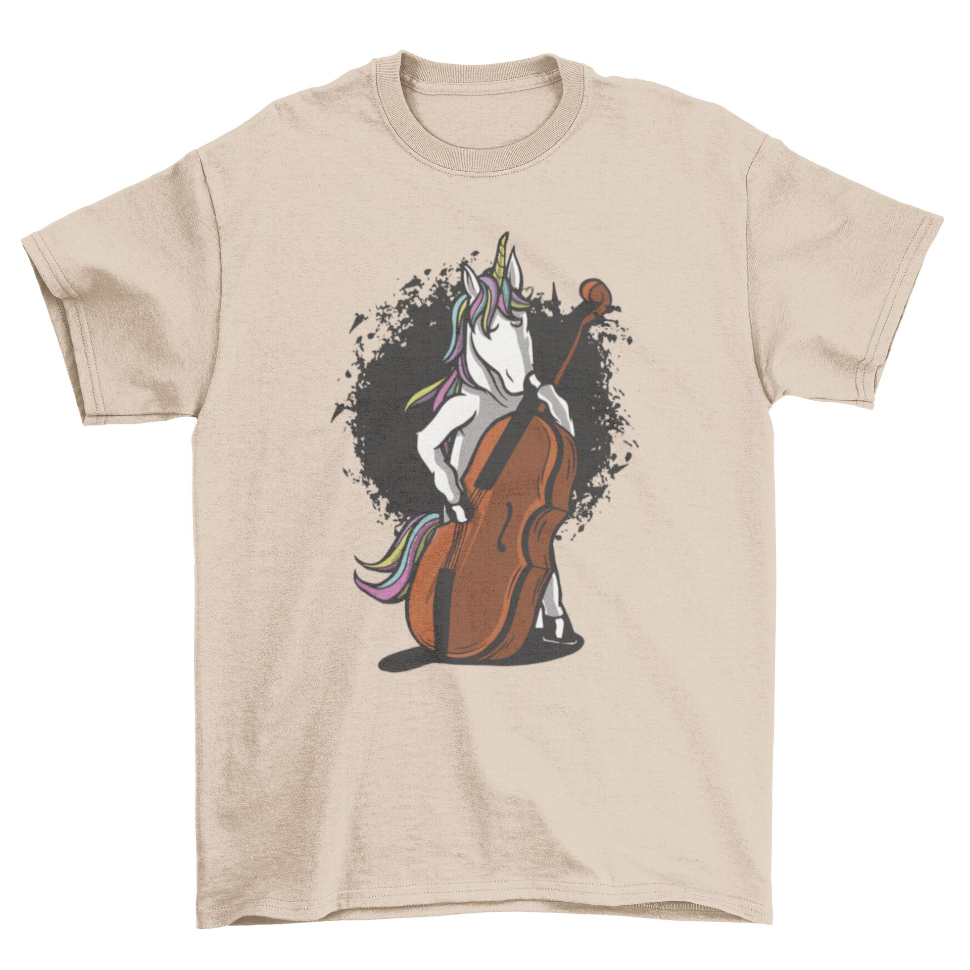 A whimsical t-shirt featuring a colorful illustration of a unicorn playing a cello, showcasing a blend of fantasy and music.