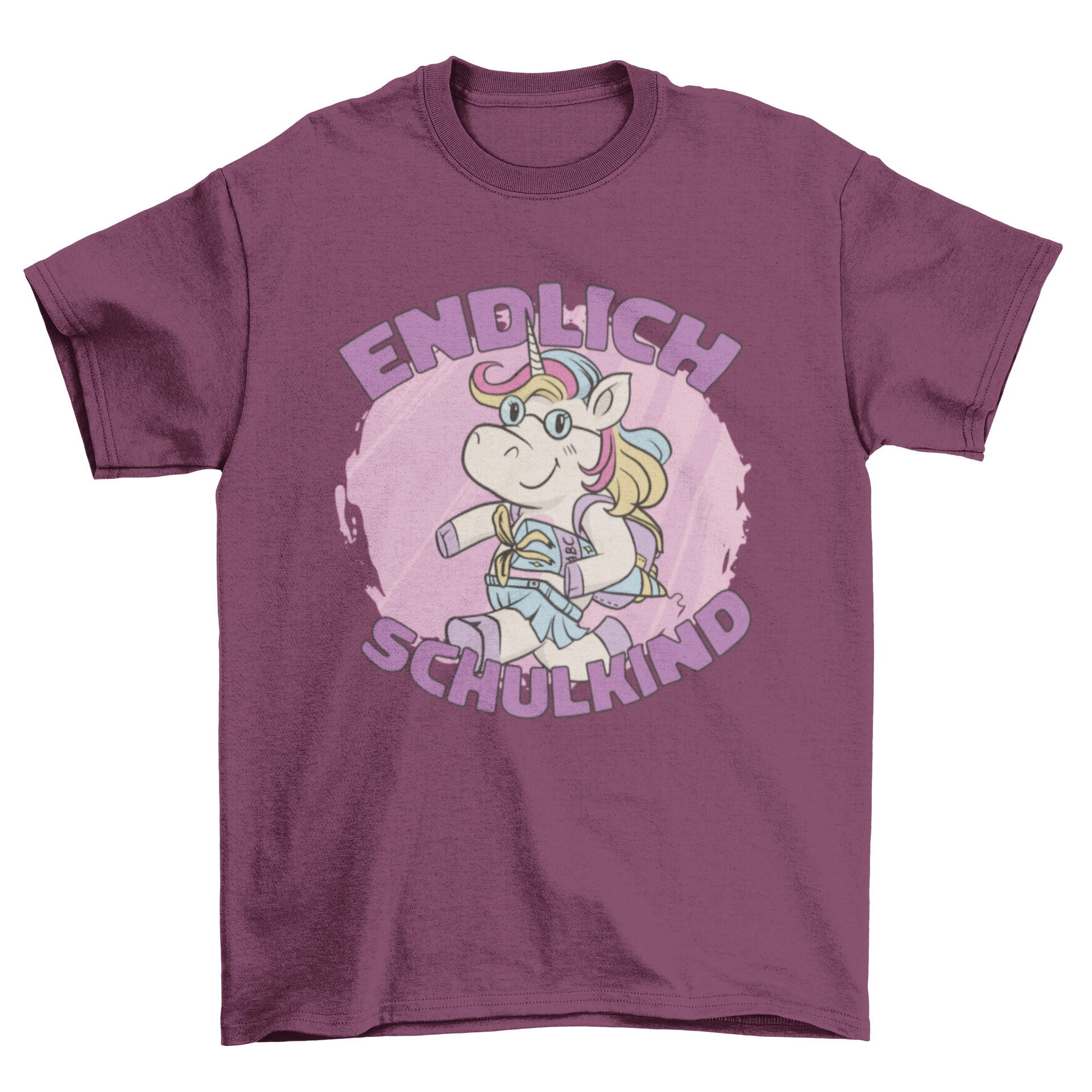 A colorful t-shirt featuring a unicorn with a school bag and the quote 'Finally school', designed for children.