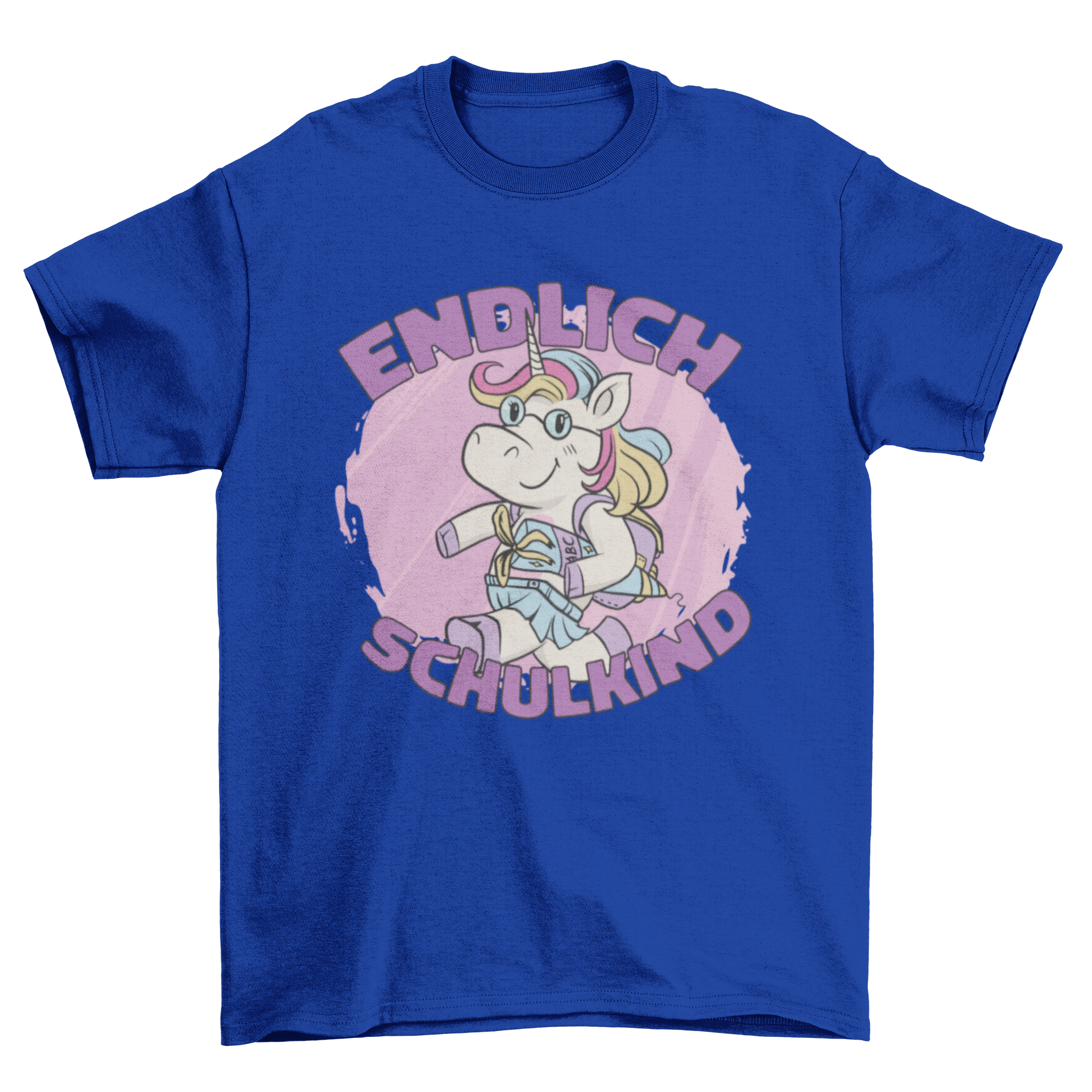 A colorful t-shirt featuring a unicorn with a school bag and the quote 'Finally school', designed for children.