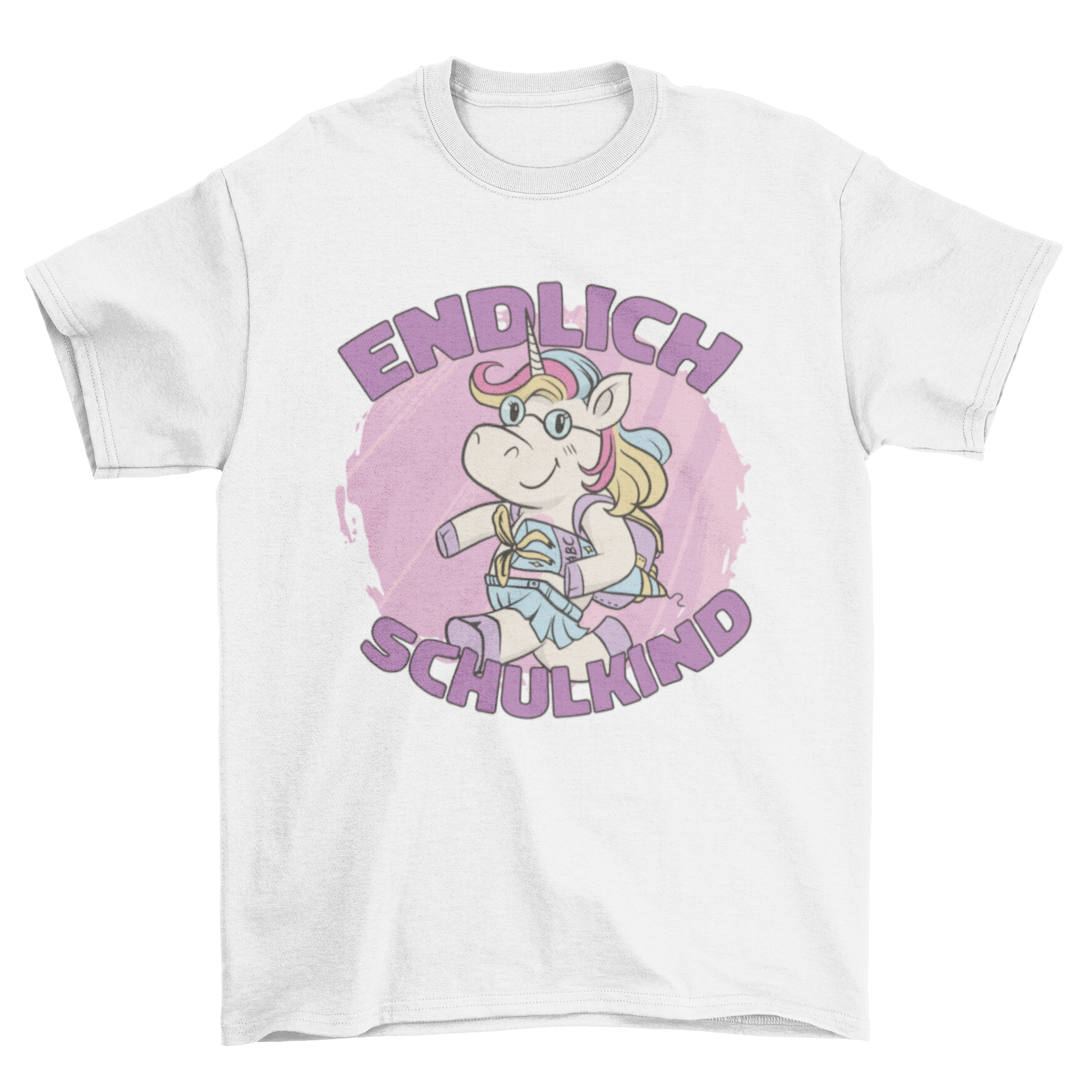 A colorful t-shirt featuring a unicorn with a school bag and the quote 'Finally school', designed for children.