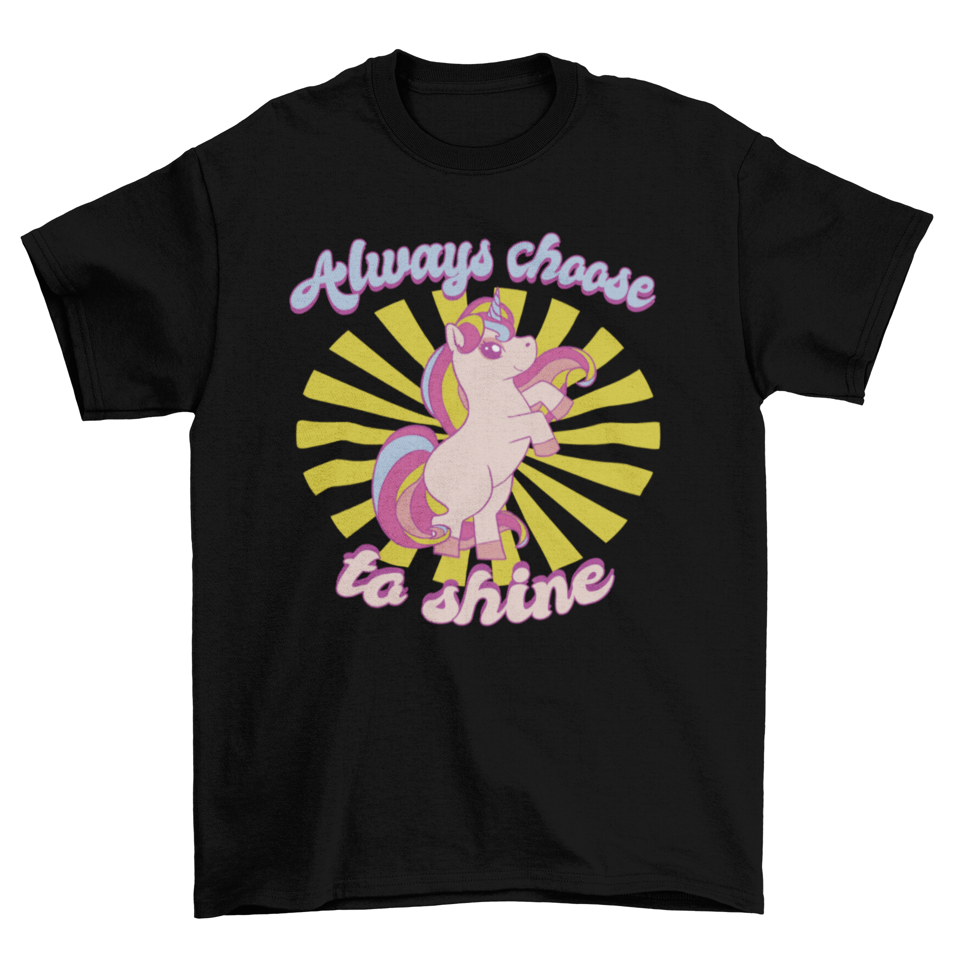 A vibrant pink unicorn t-shirt design featuring the quote 'Always choose to shine' in a playful font.