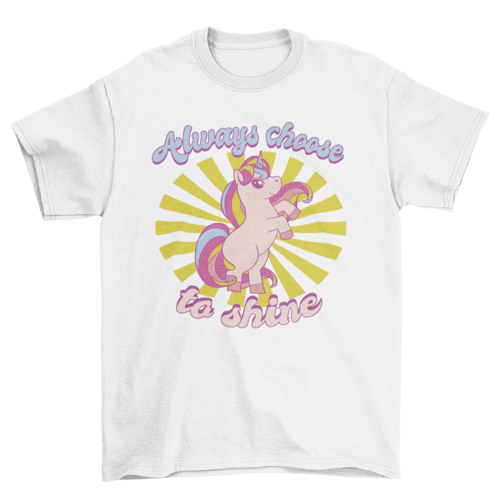 A vibrant pink unicorn t-shirt design featuring the quote 'Always choose to shine' in a playful font.