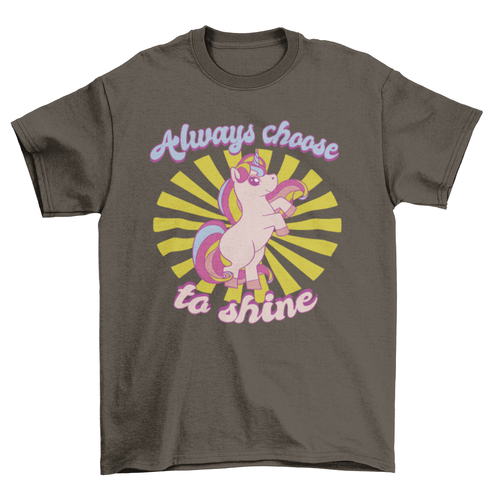 A vibrant pink unicorn t-shirt design featuring the quote 'Always choose to shine' in a playful font.