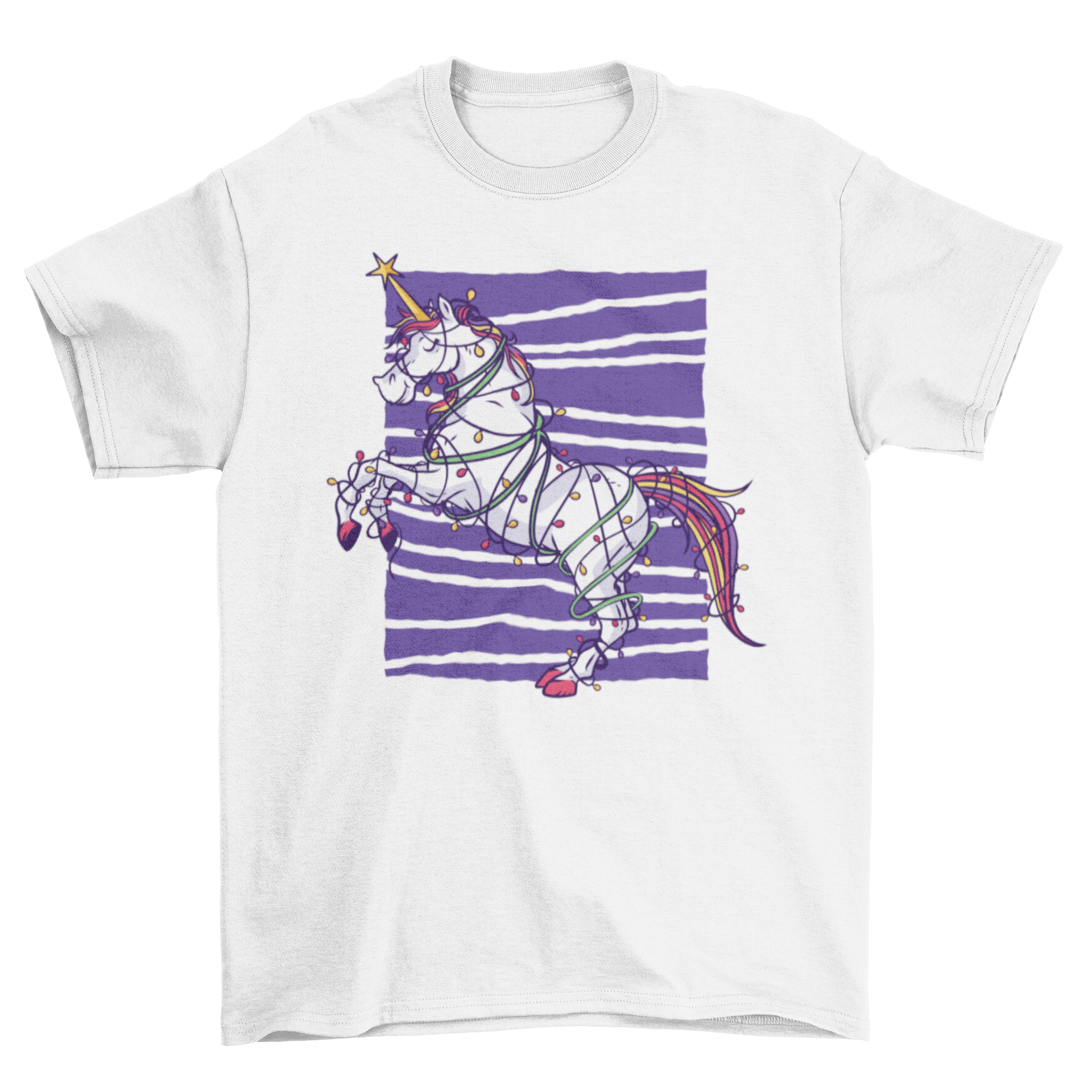 A vibrant Unicorn Christmas T-shirt featuring a unicorn wrapped in colorful Christmas lights against a violet lined background.