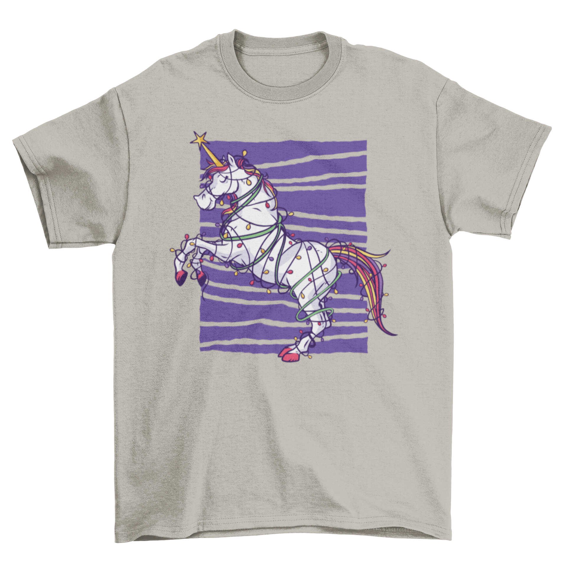 A vibrant Unicorn Christmas T-shirt featuring a unicorn wrapped in colorful Christmas lights against a violet lined background.