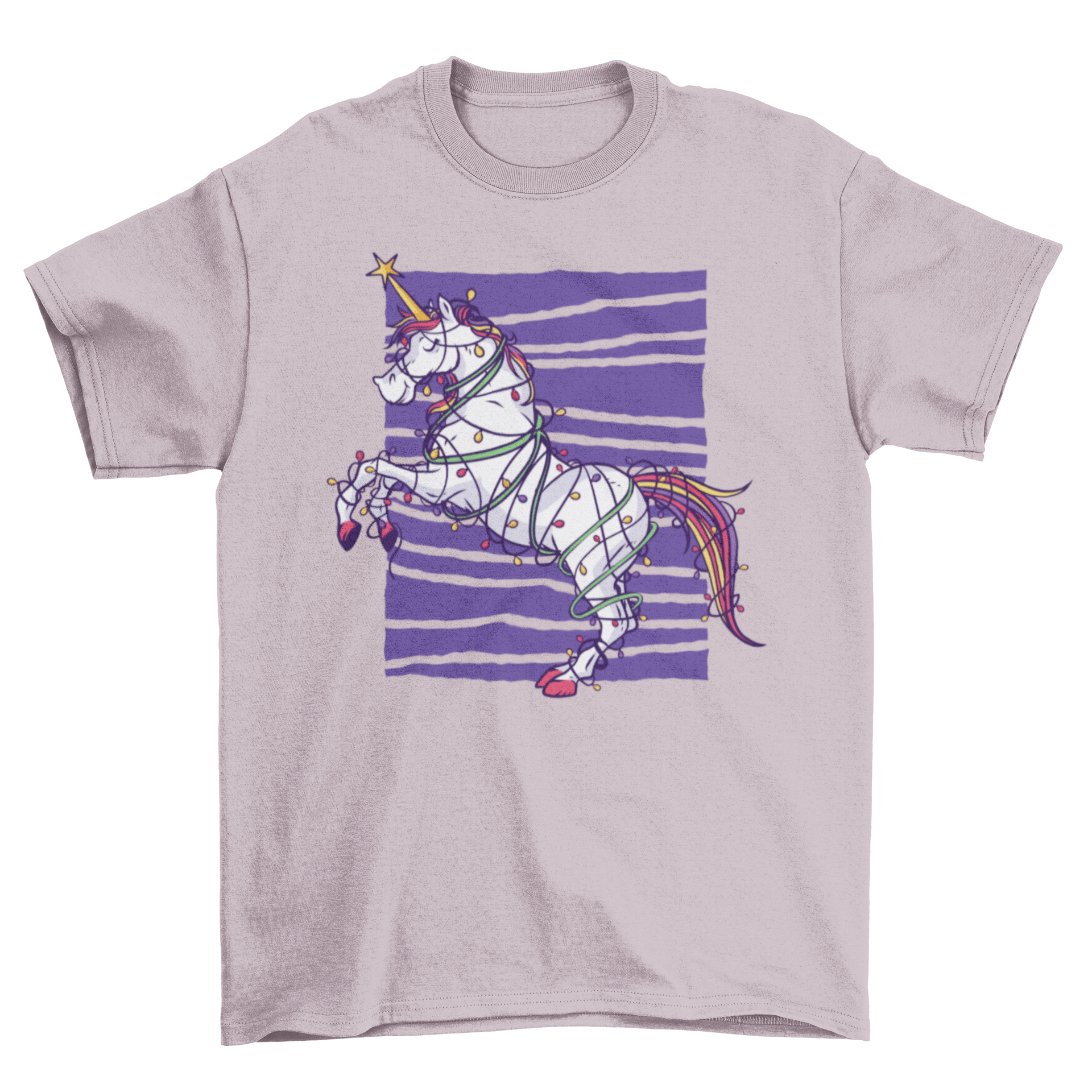 A vibrant Unicorn Christmas T-shirt featuring a unicorn wrapped in colorful Christmas lights against a violet lined background.