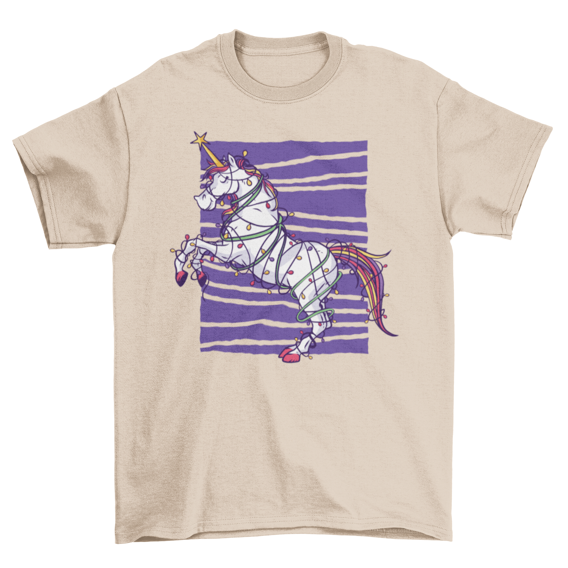 A vibrant Unicorn Christmas T-shirt featuring a unicorn wrapped in colorful Christmas lights against a violet lined background.