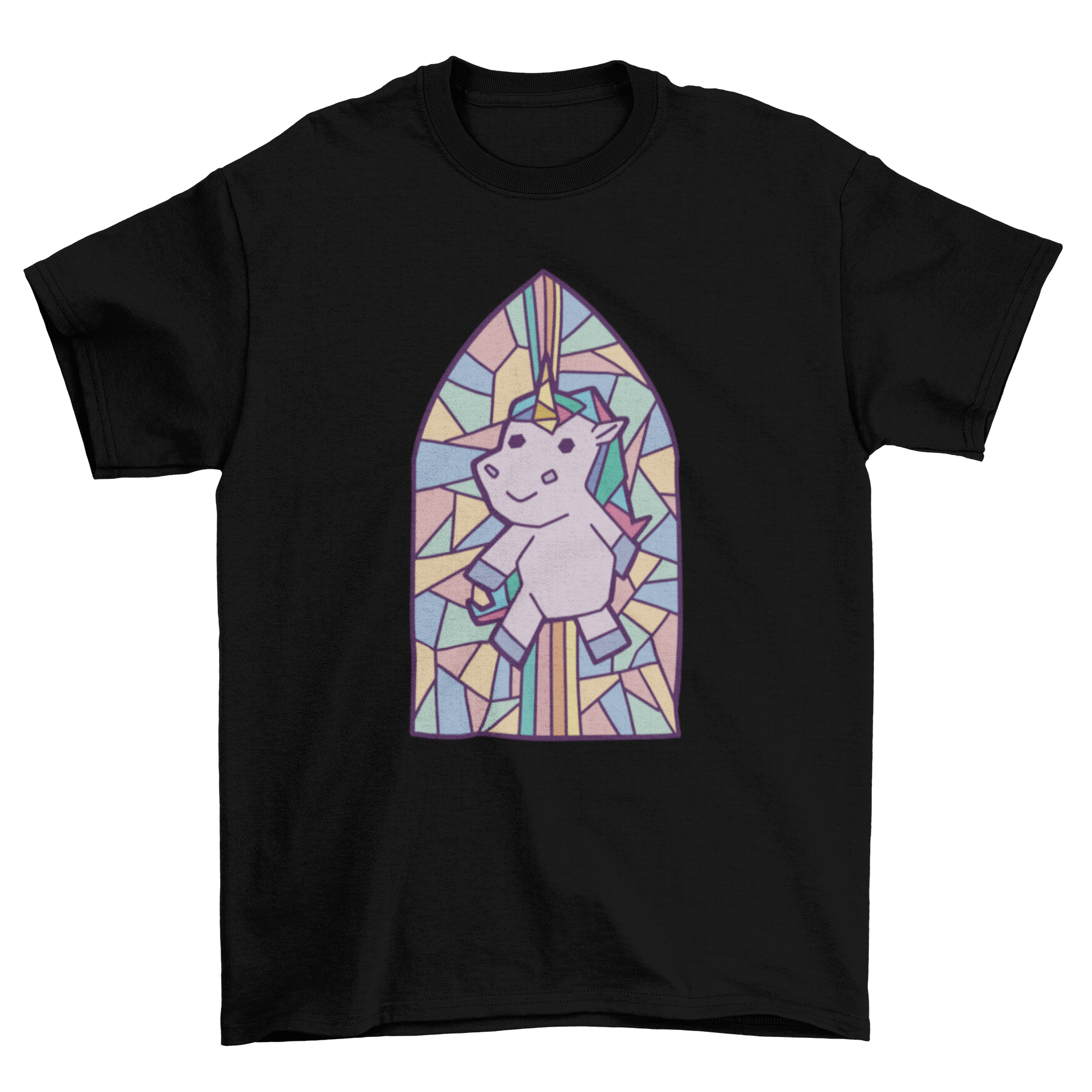 A colorful t-shirt featuring a unicorn design in a stained glass window style, showcasing vibrant colors and intricate details.