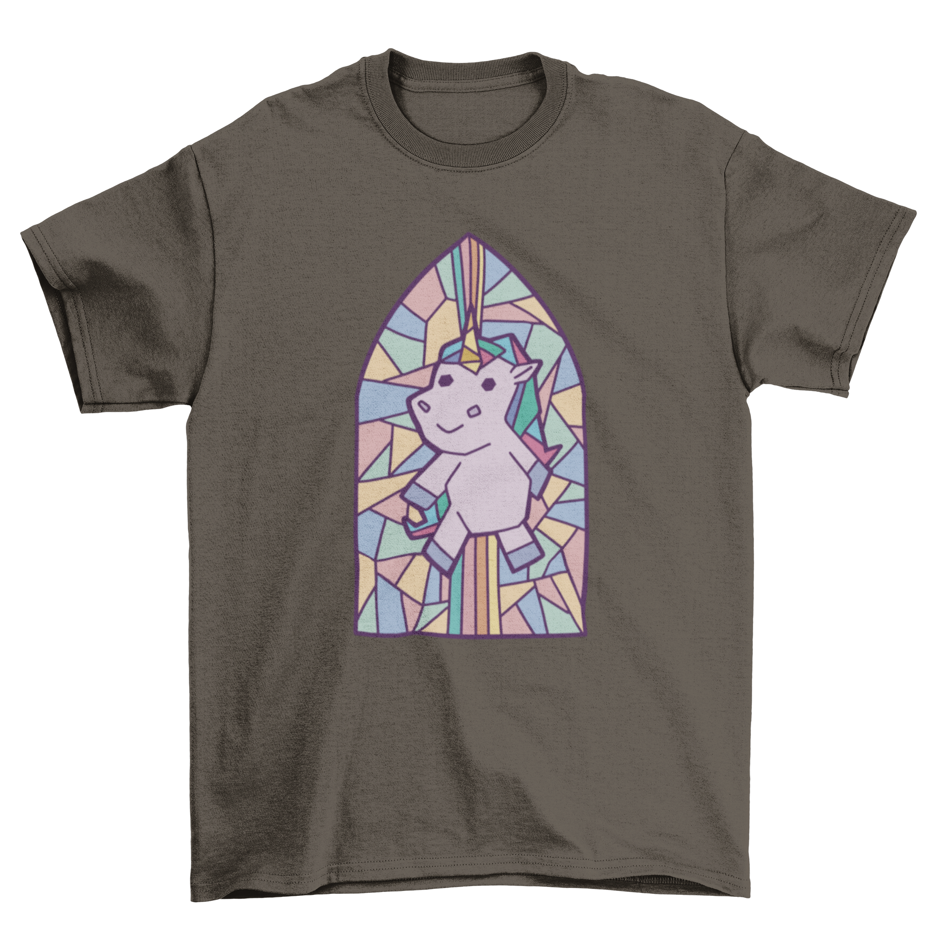 A colorful t-shirt featuring a unicorn design in a stained glass window style, showcasing vibrant colors and intricate details.