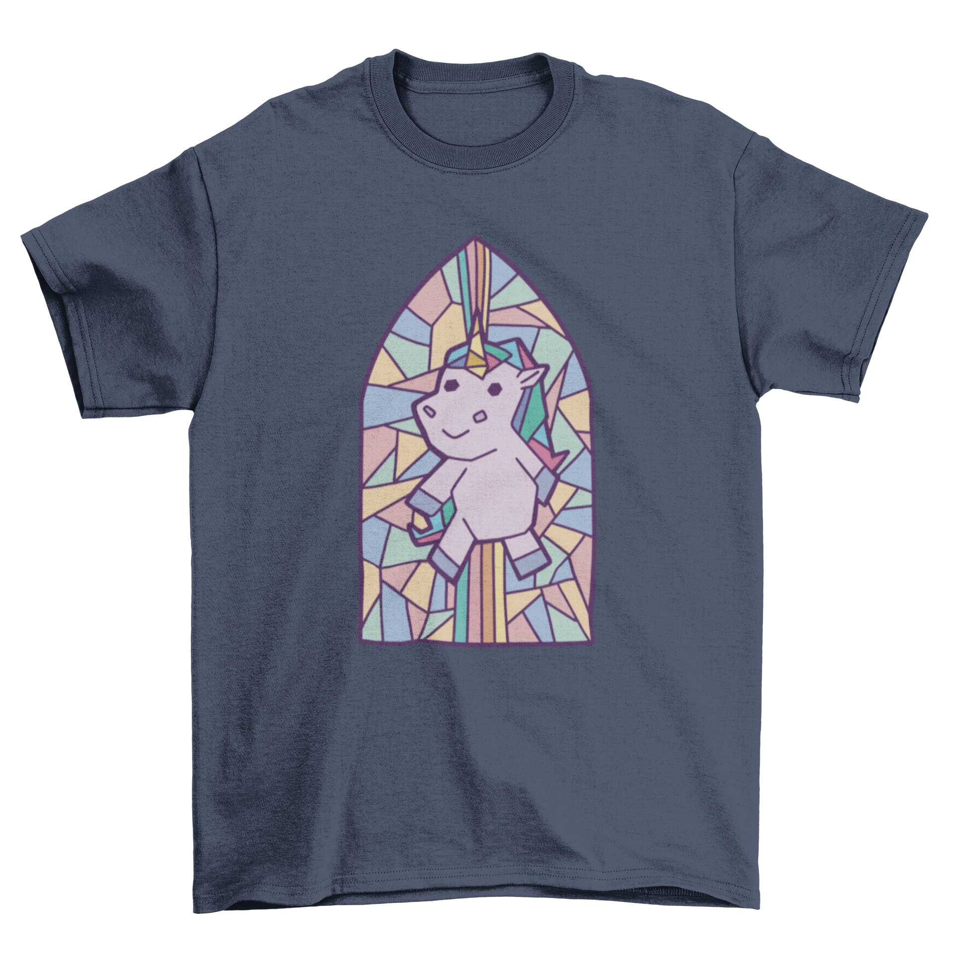 A colorful t-shirt featuring a unicorn design in a stained glass window style, showcasing vibrant colors and intricate details.