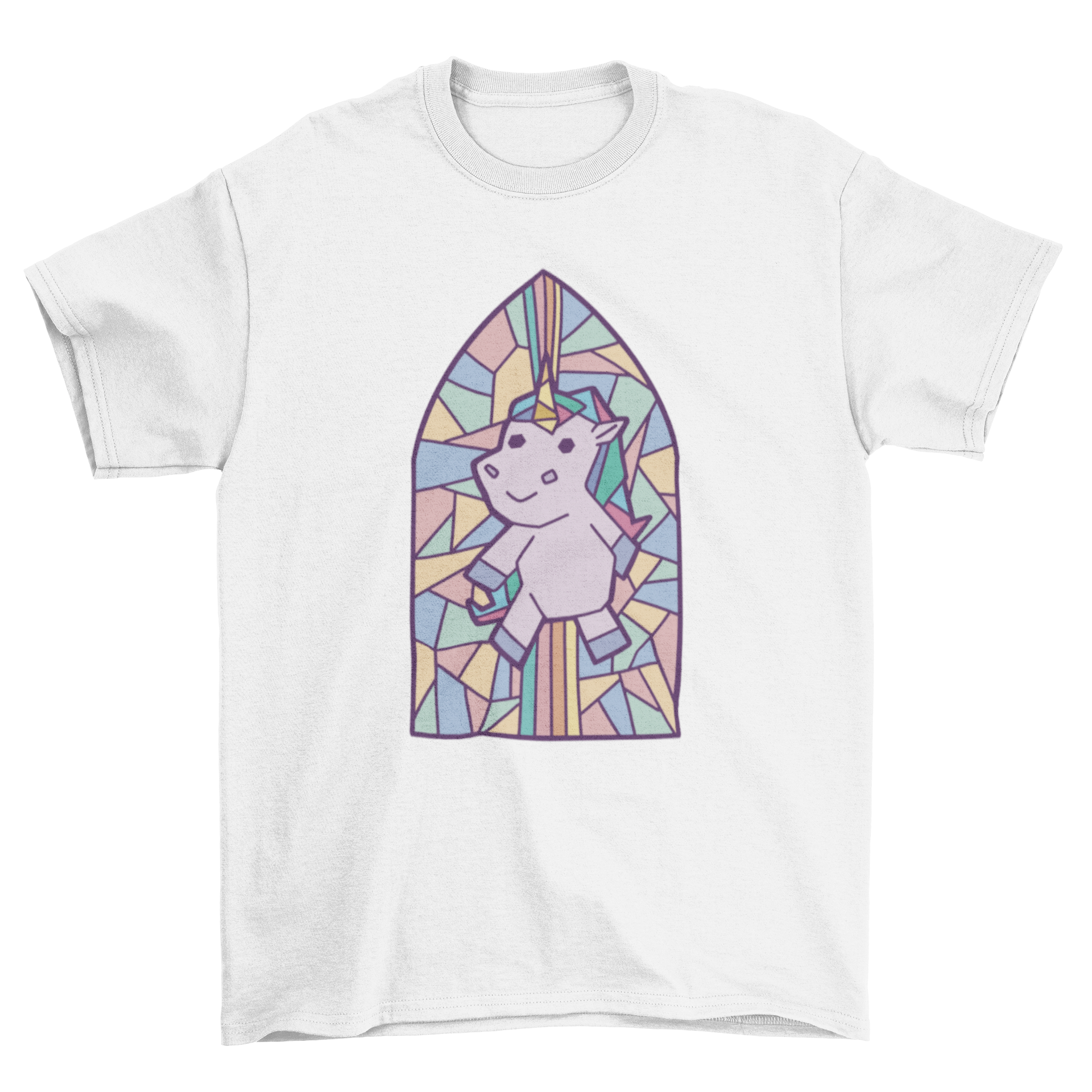 A colorful t-shirt featuring a unicorn design in a stained glass window style, showcasing vibrant colors and intricate details.