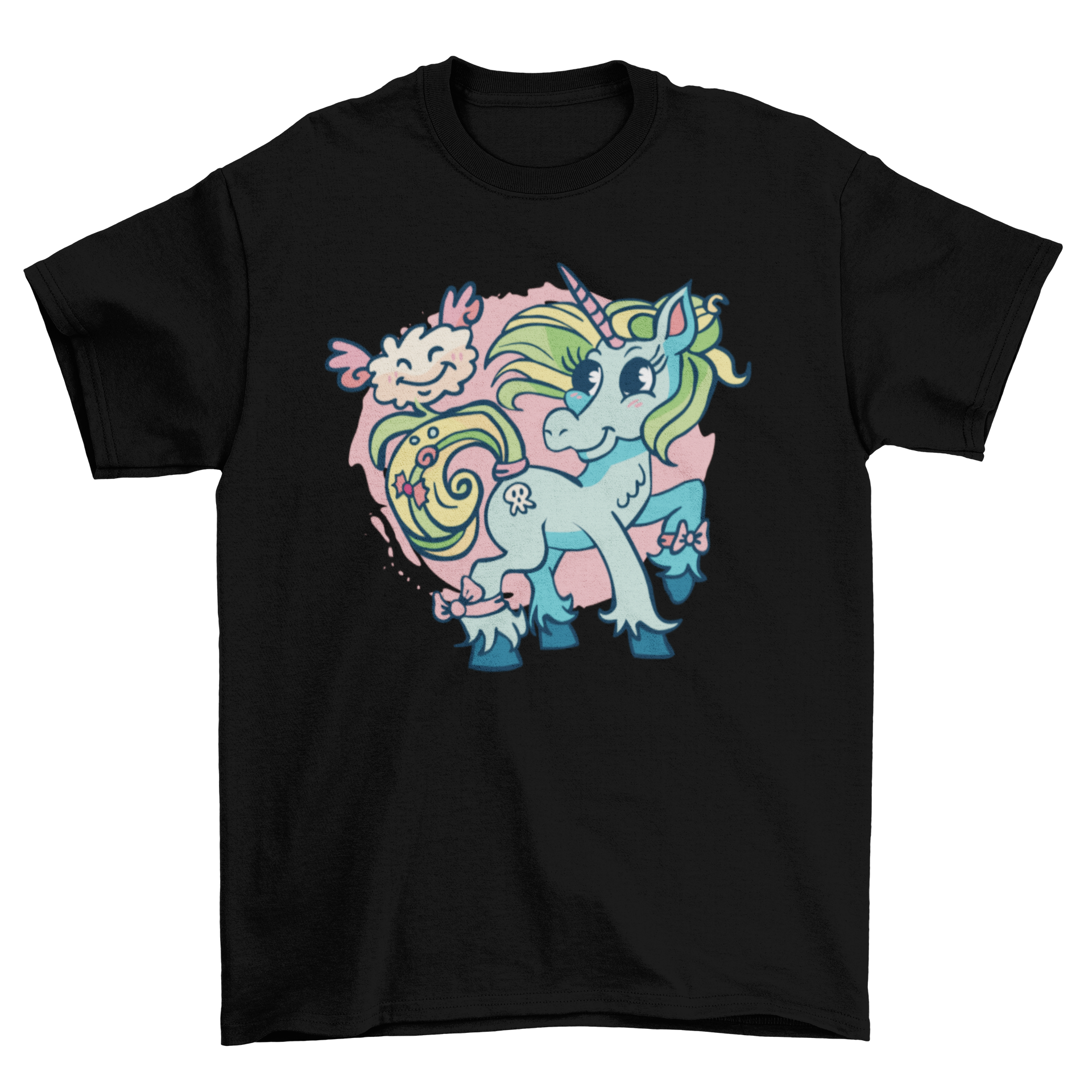 A cute t-shirt featuring a blue and green unicorn with a pink winged cloud, showcasing a whimsical design.