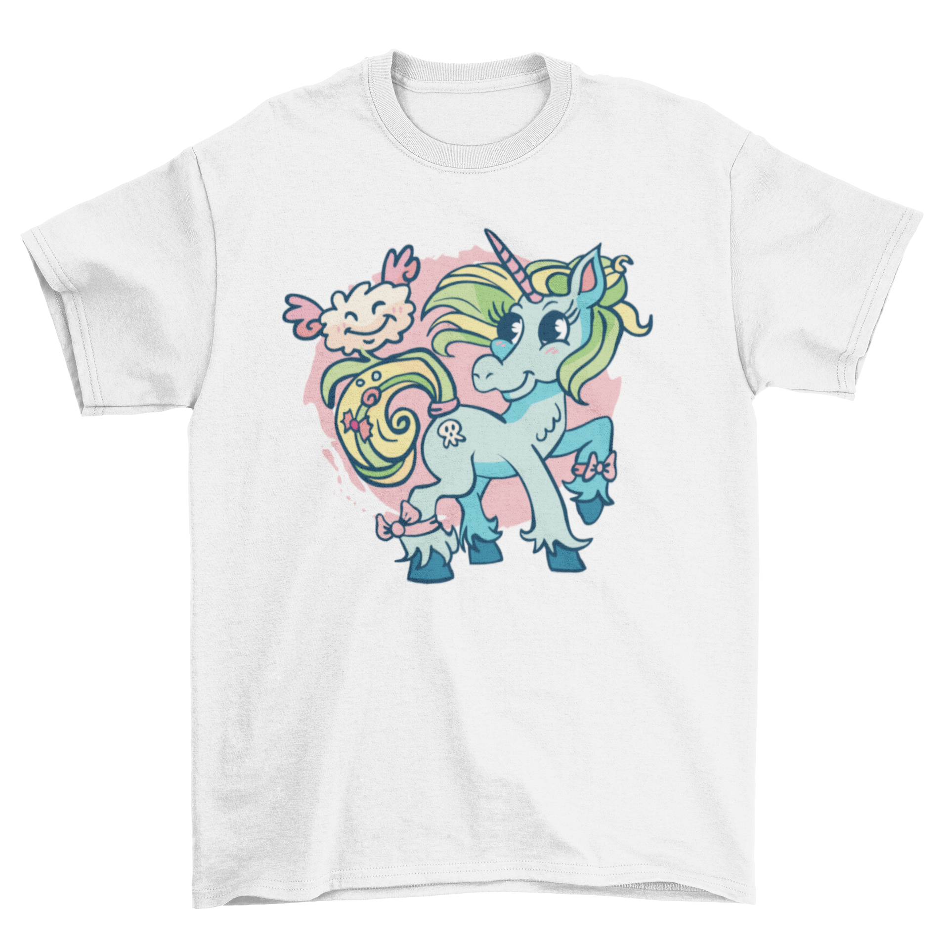 A cute t-shirt featuring a blue and green unicorn with a pink winged cloud, showcasing a whimsical design.