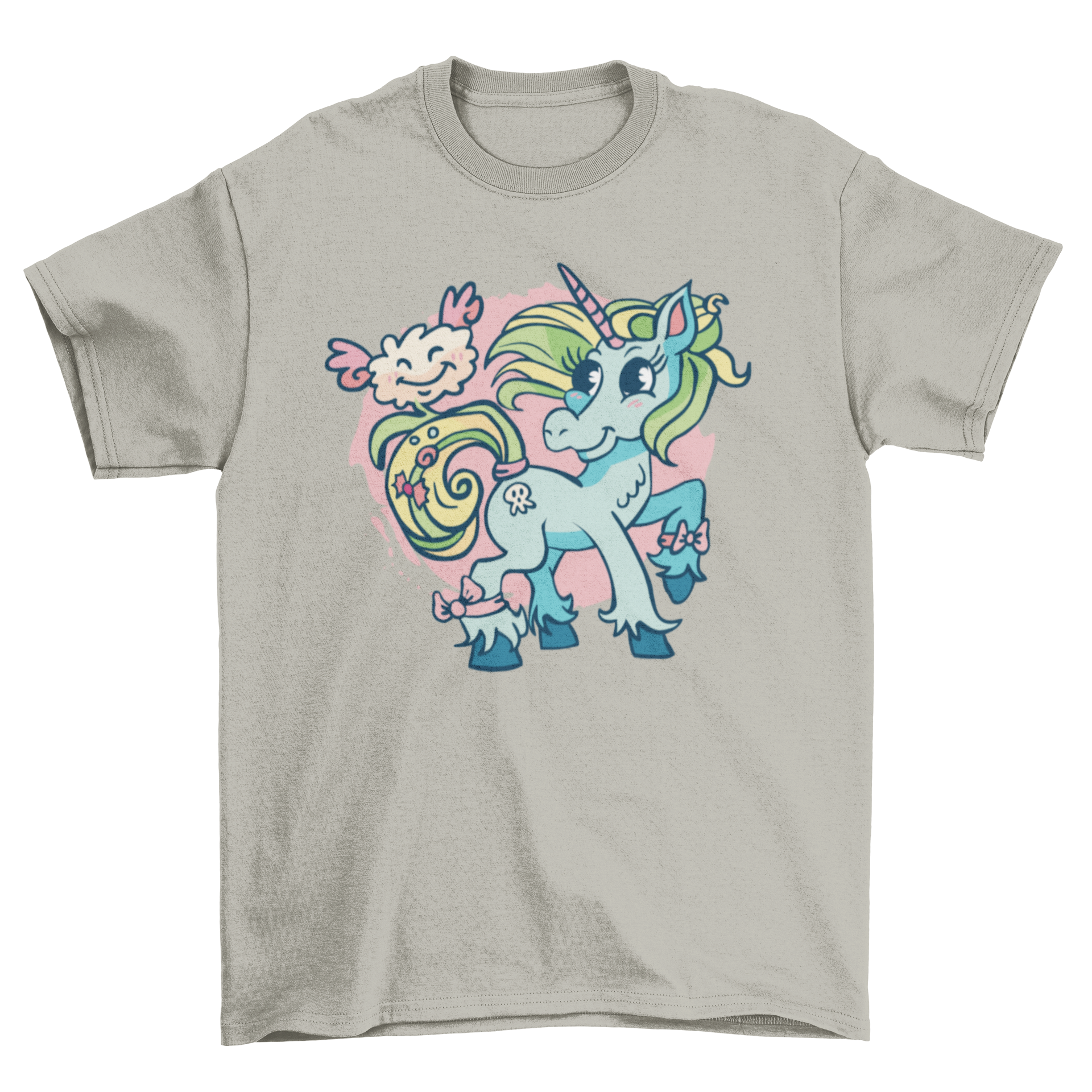 A cute t-shirt featuring a blue and green unicorn with a pink winged cloud, showcasing a whimsical design.