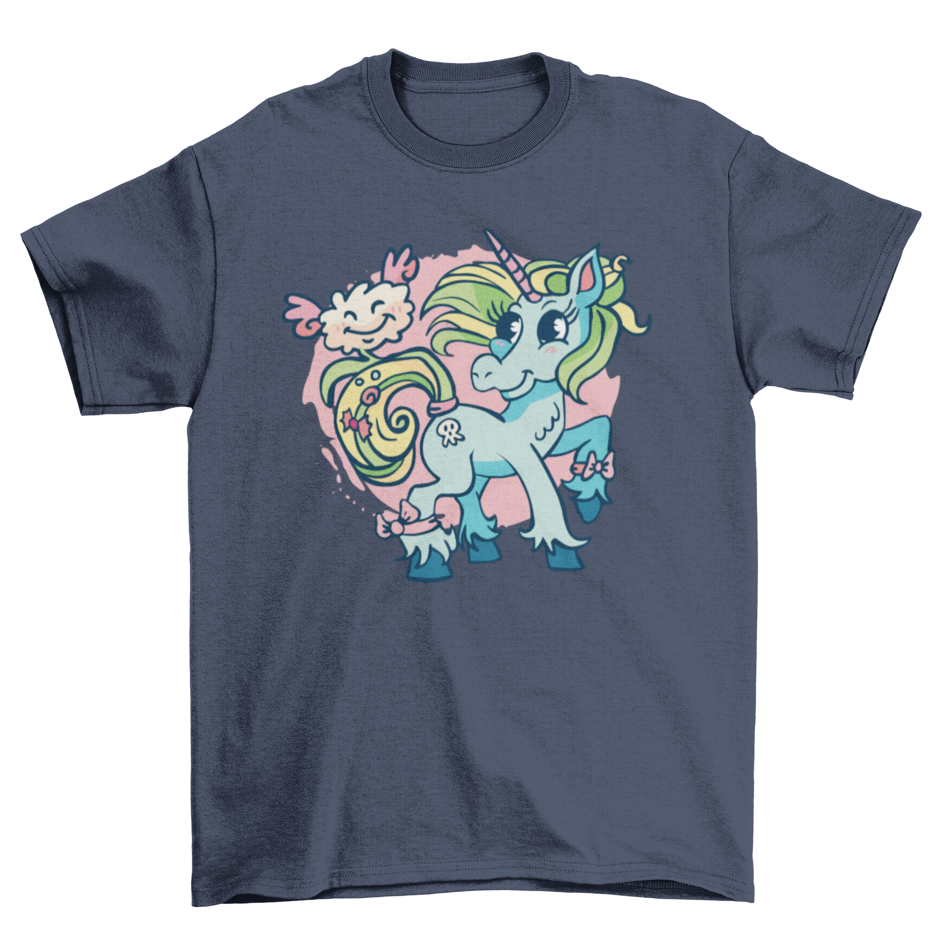 A cute t-shirt featuring a blue and green unicorn with a pink winged cloud, showcasing a whimsical design.