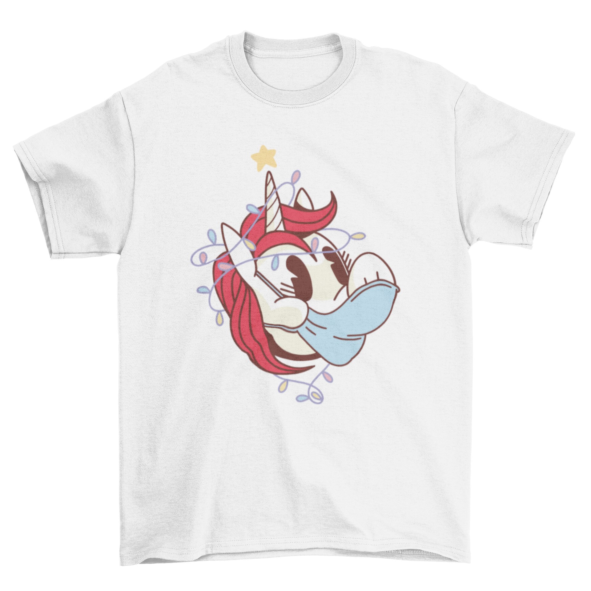 A colorful t-shirt featuring a cartoon unicorn wearing a mask, designed in a retro style.