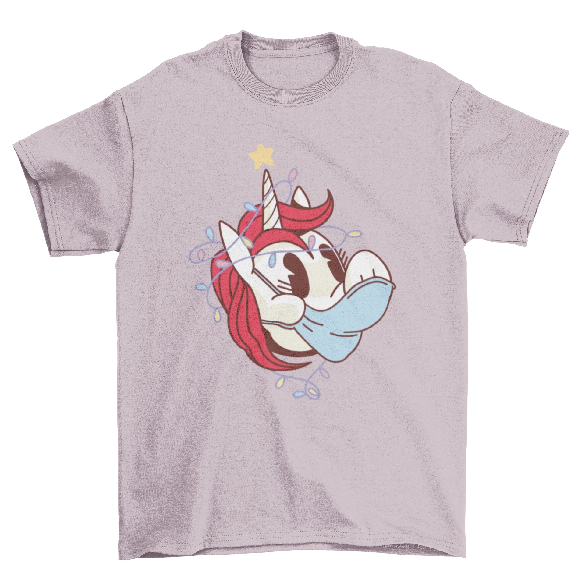 A colorful t-shirt featuring a cartoon unicorn wearing a mask, designed in a retro style.