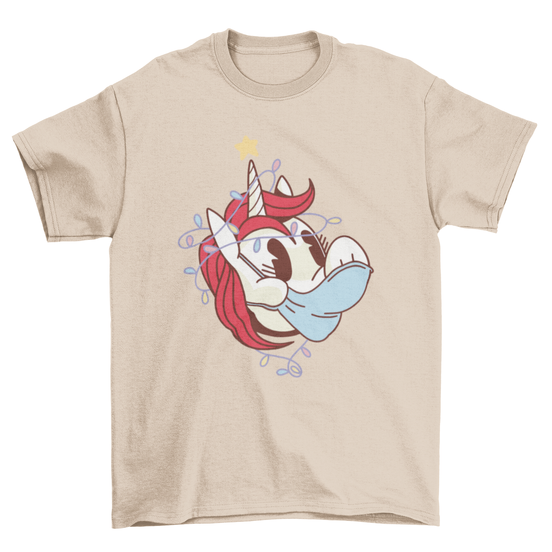 A colorful t-shirt featuring a cartoon unicorn wearing a mask, designed in a retro style.