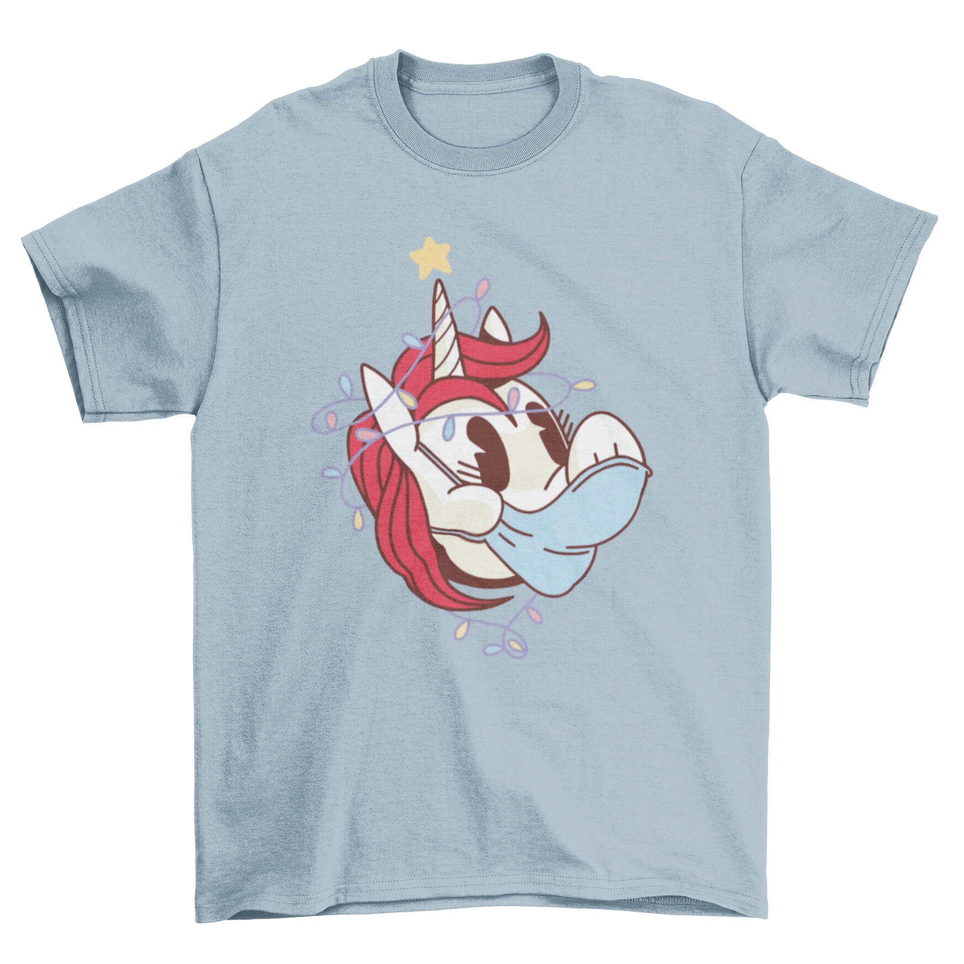 A colorful t-shirt featuring a cartoon unicorn wearing a mask, designed in a retro style.