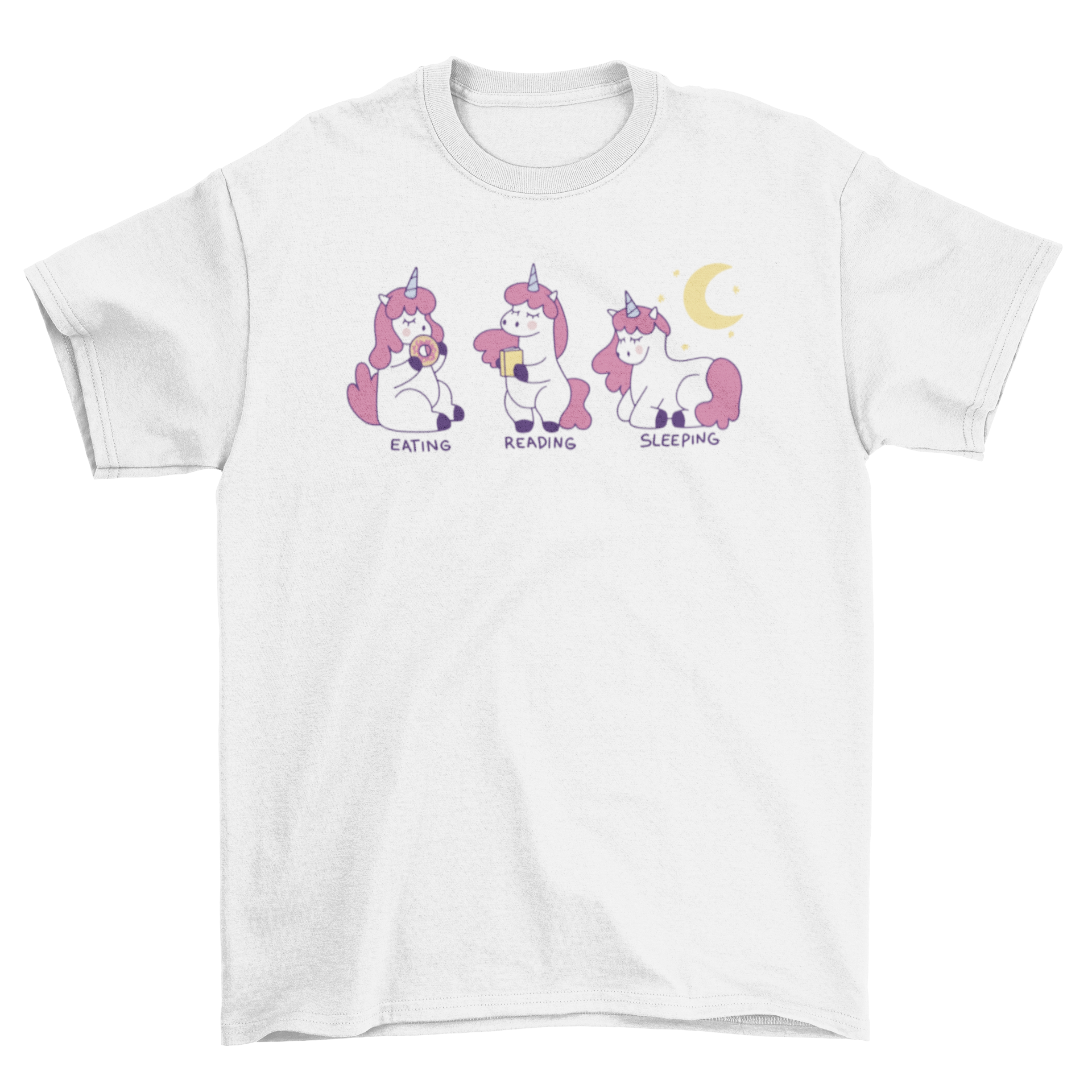 A colorful cartoon t-shirt featuring three unicorns engaged in fun activities: eating, sleeping, and reading.