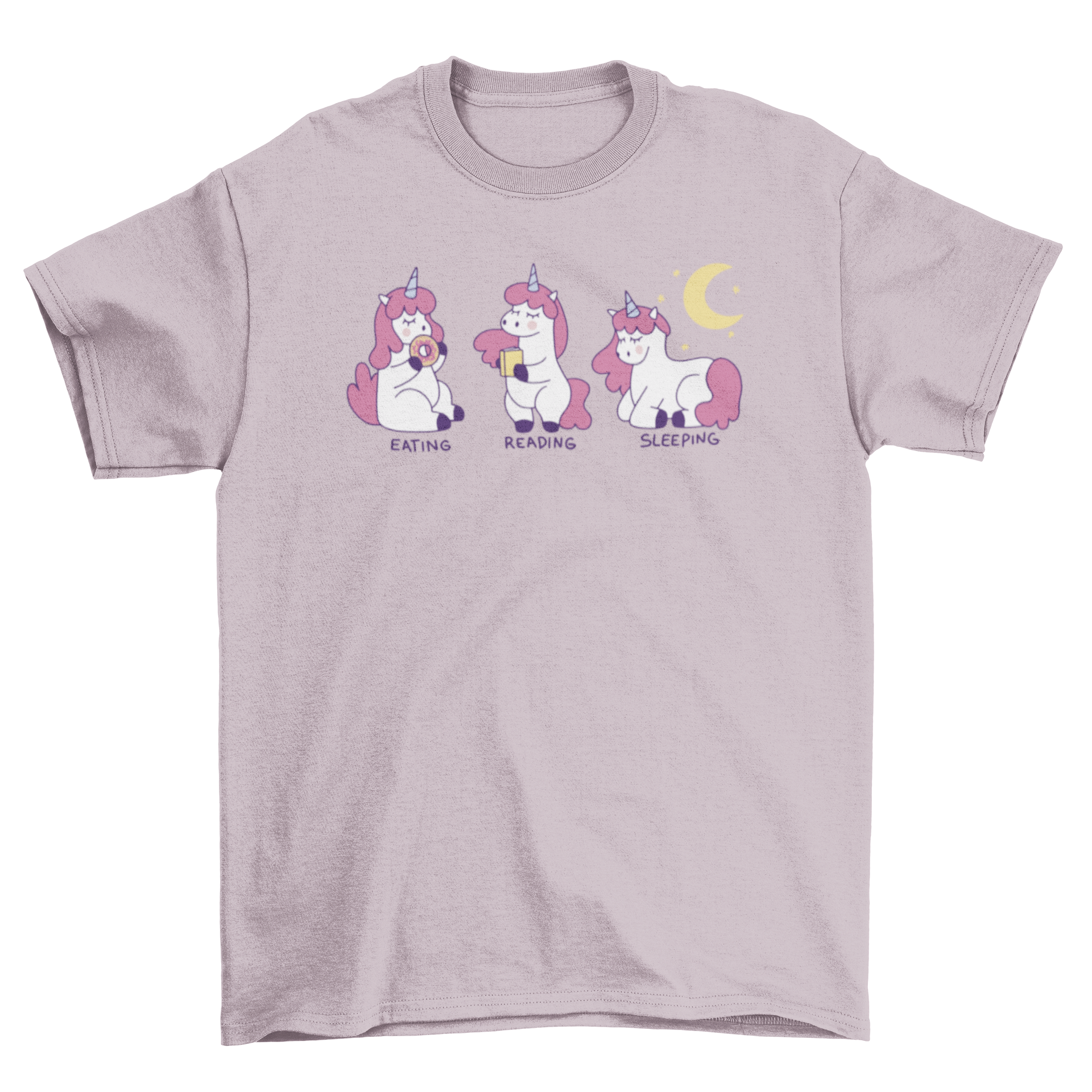 A colorful cartoon t-shirt featuring three unicorns engaged in fun activities: eating, sleeping, and reading.