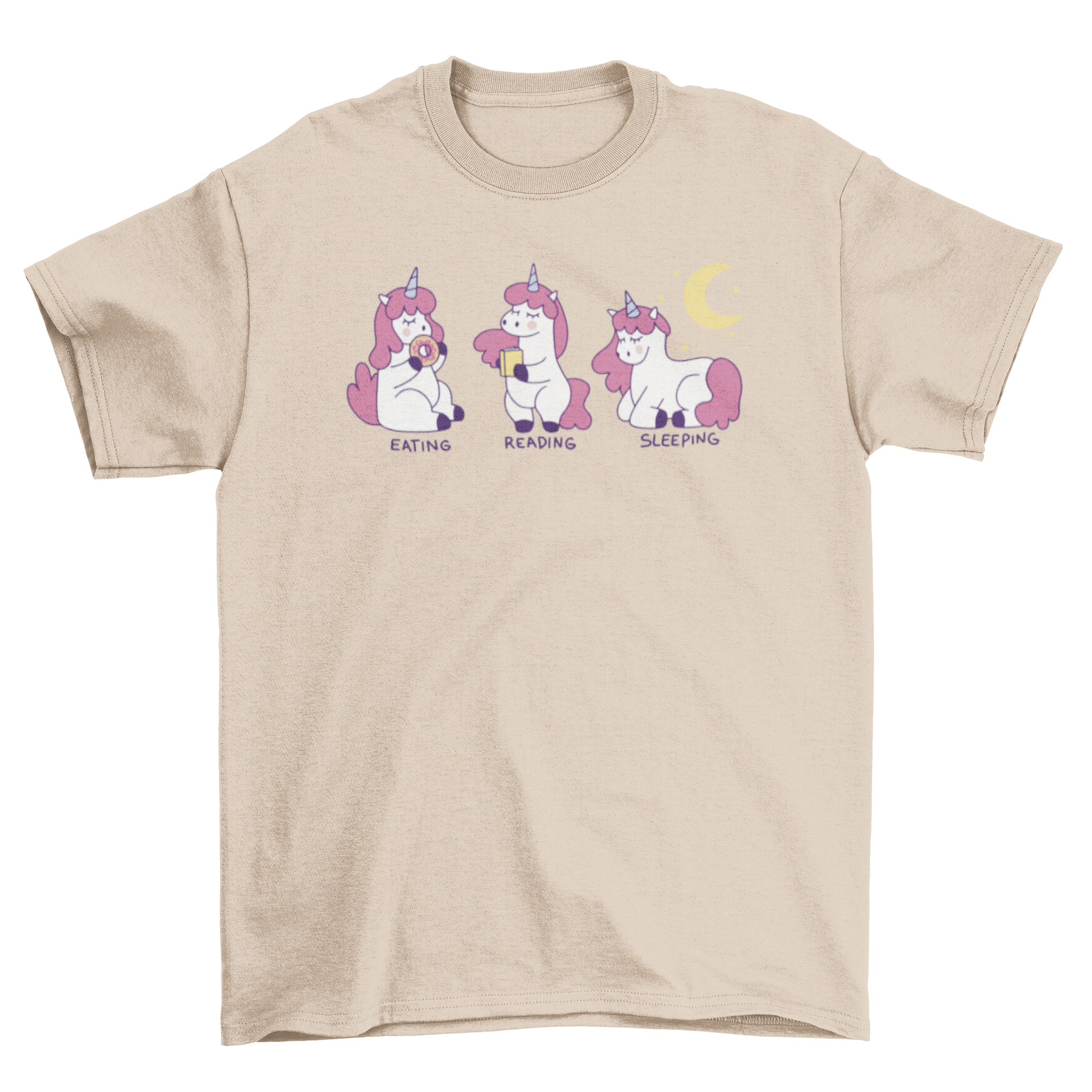 A colorful cartoon t-shirt featuring three unicorns engaged in fun activities: eating, sleeping, and reading.