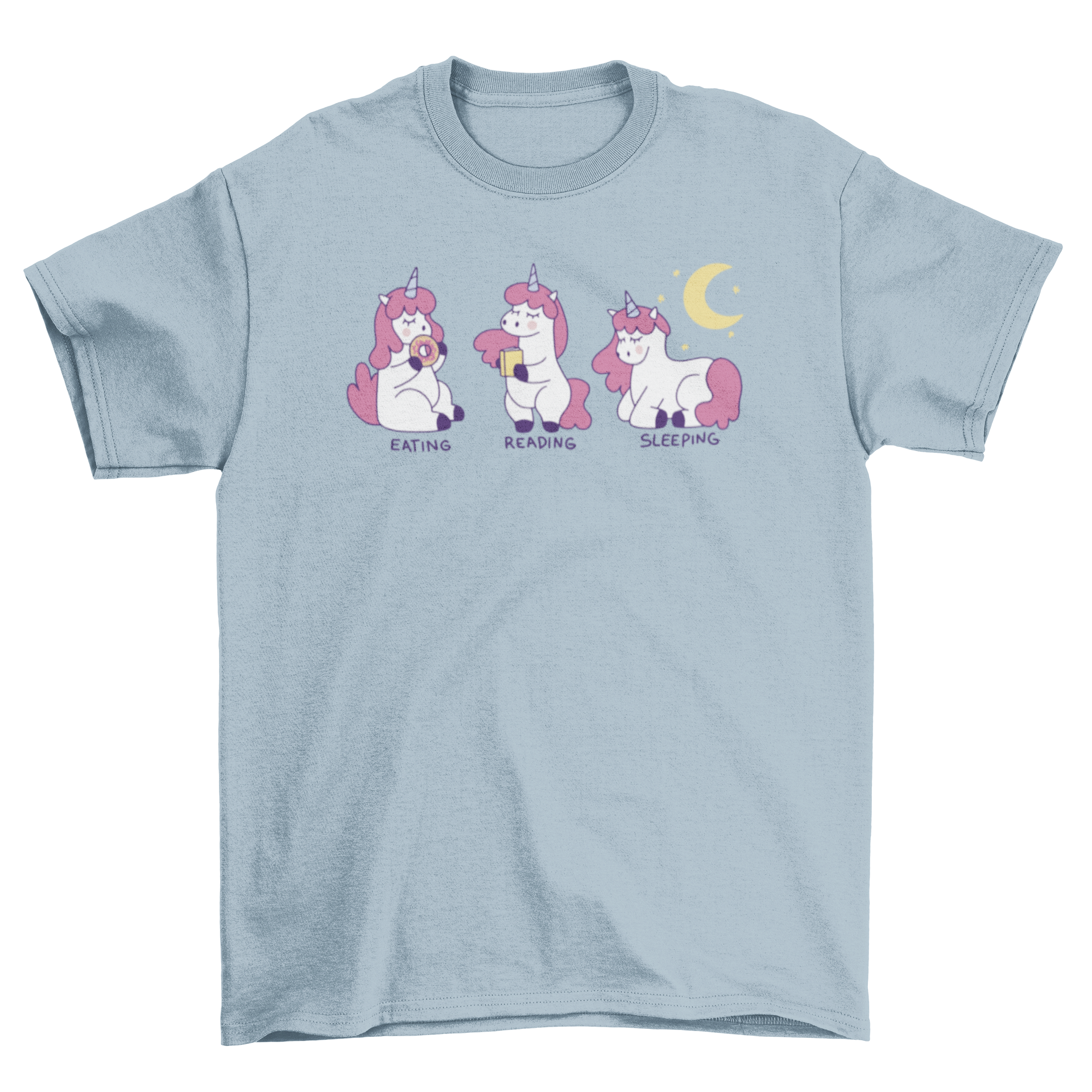 A colorful cartoon t-shirt featuring three unicorns engaged in fun activities: eating, sleeping, and reading.