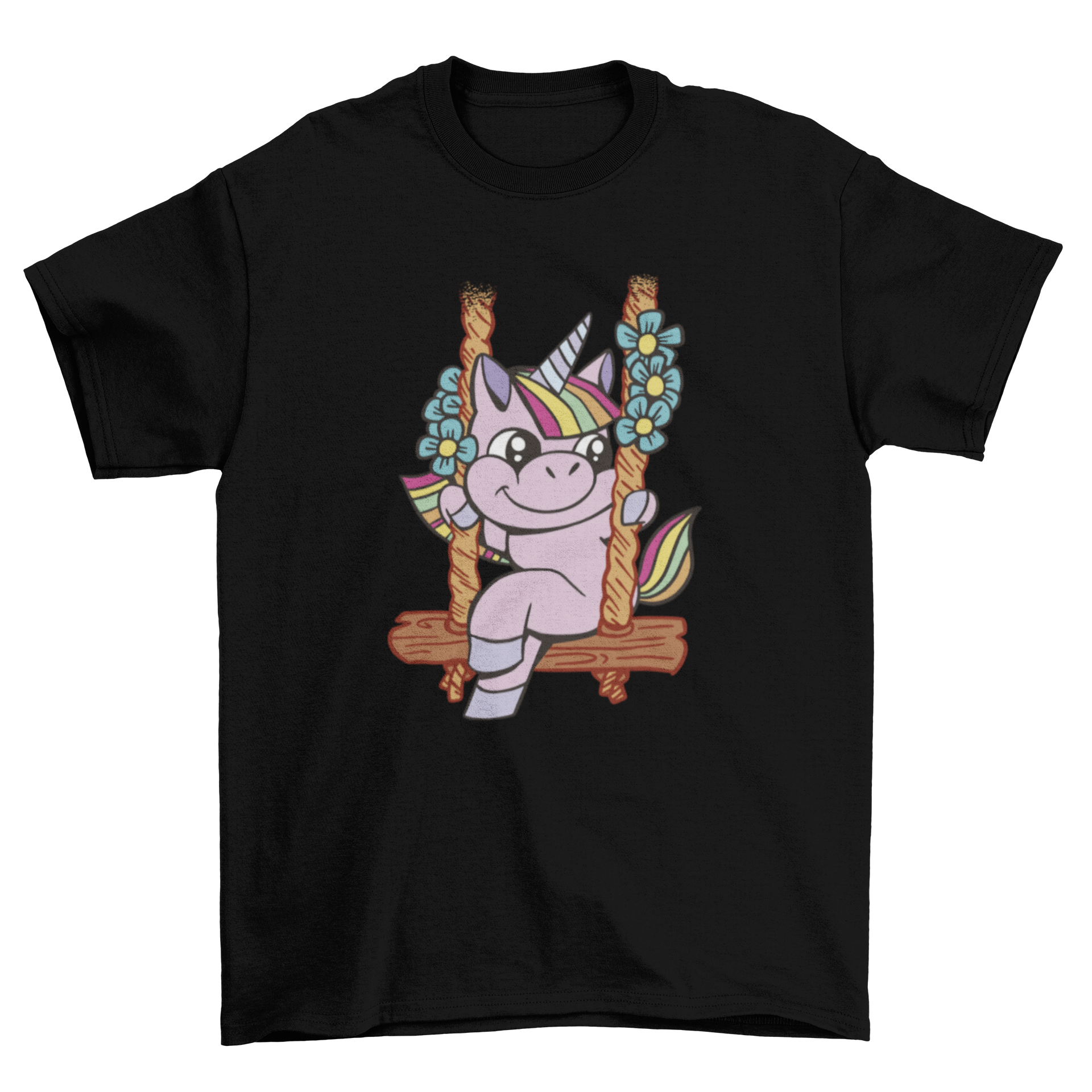 A whimsical t-shirt design featuring a unicorn sitting on a swing surrounded by colorful flowers.