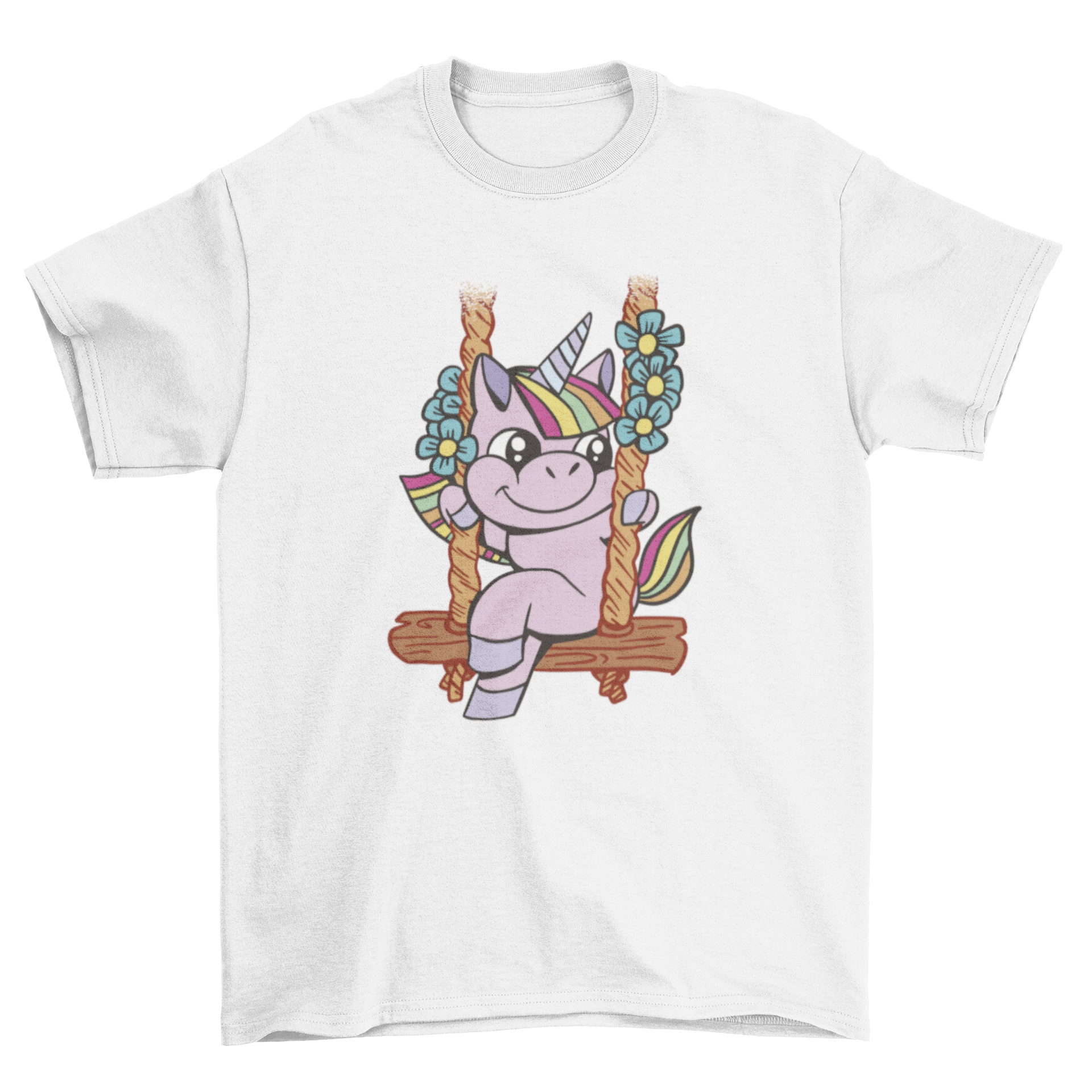 A whimsical t-shirt design featuring a unicorn sitting on a swing surrounded by colorful flowers.