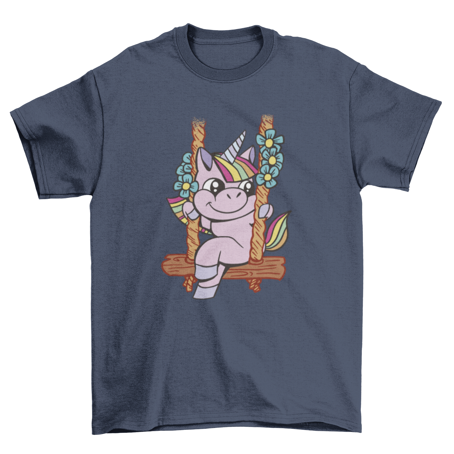 A whimsical t-shirt design featuring a unicorn sitting on a swing surrounded by colorful flowers.