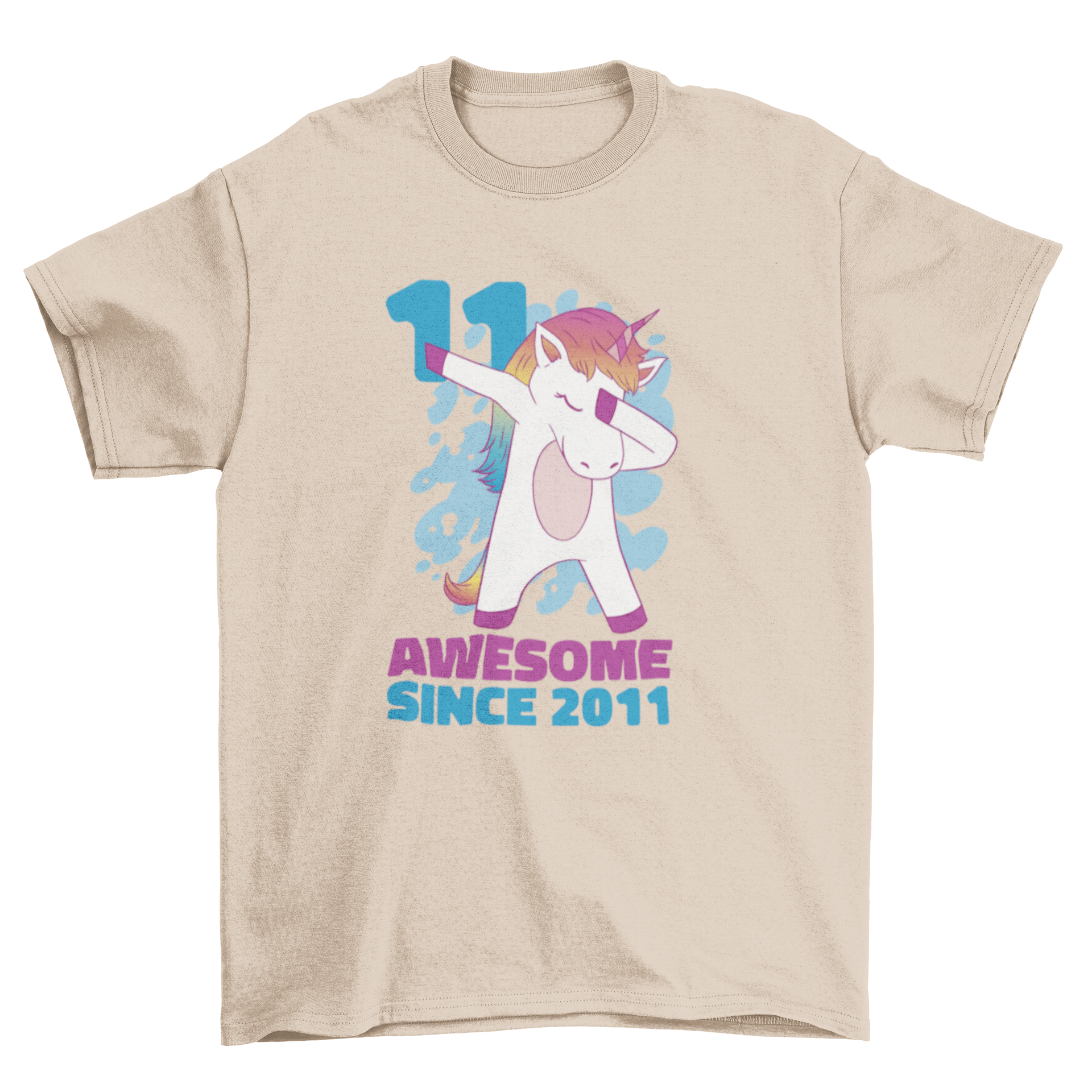 A colorful t-shirt featuring a unicorn dabbing with the quote 'Awesome since 2011'.