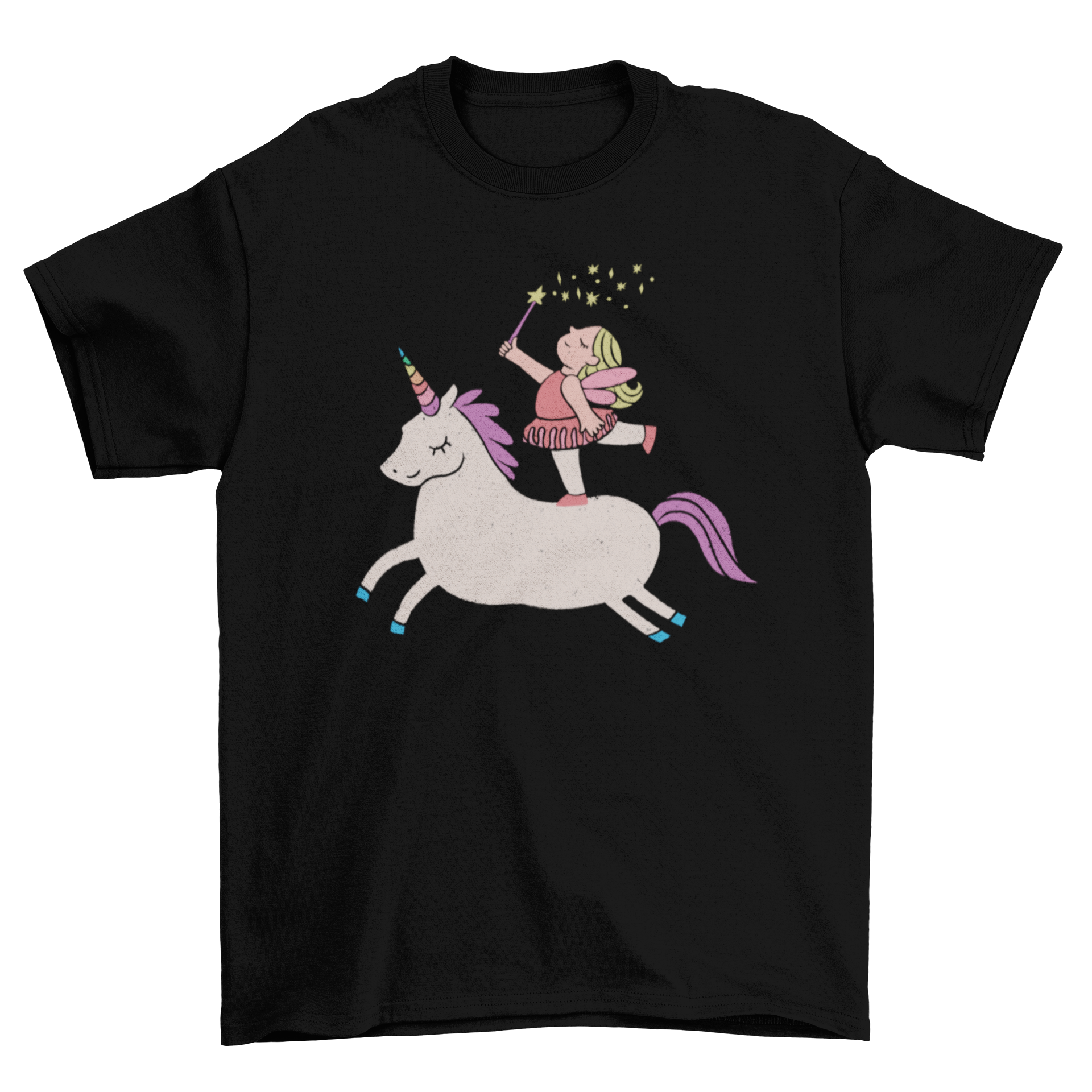 A colorful t-shirt featuring a cartoon unicorn with a fairy on its back, showcasing a whimsical design.