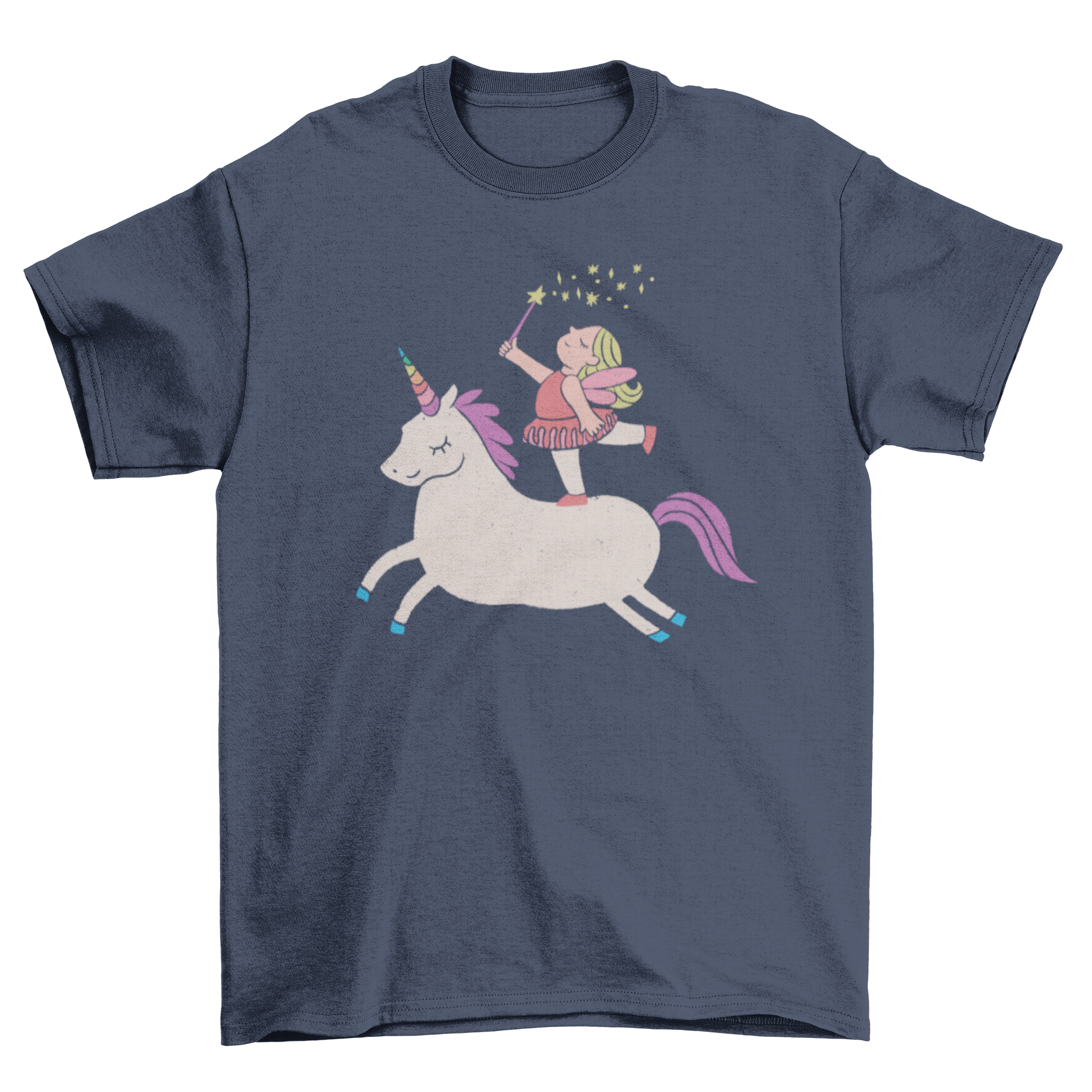 A colorful t-shirt featuring a cartoon unicorn with a fairy on its back, showcasing a whimsical design.