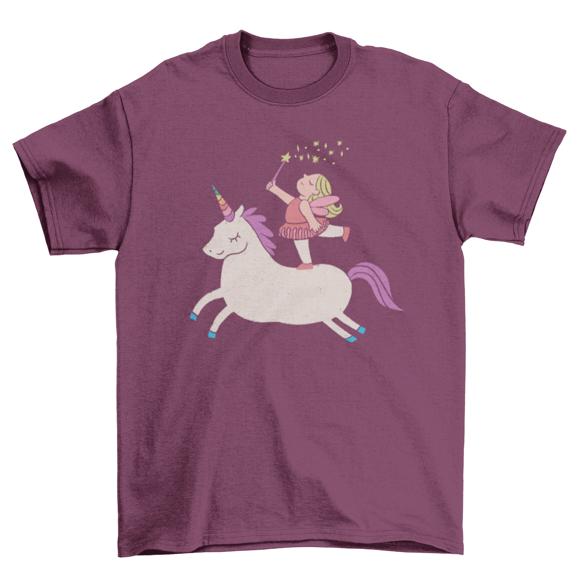 A colorful t-shirt featuring a cartoon unicorn with a fairy on its back, showcasing a whimsical design.