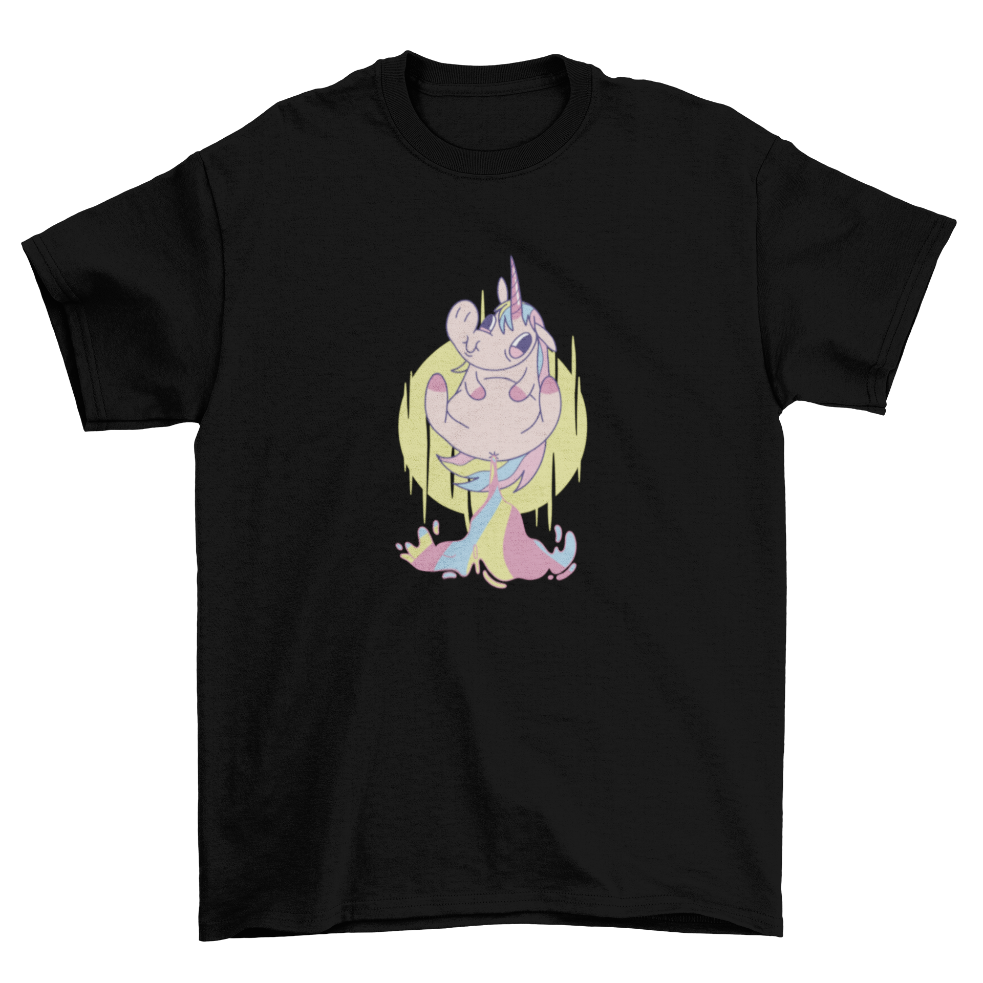 A colorful t-shirt featuring a whimsical illustration of a unicorn farting and flying, perfect for unicorn lovers.