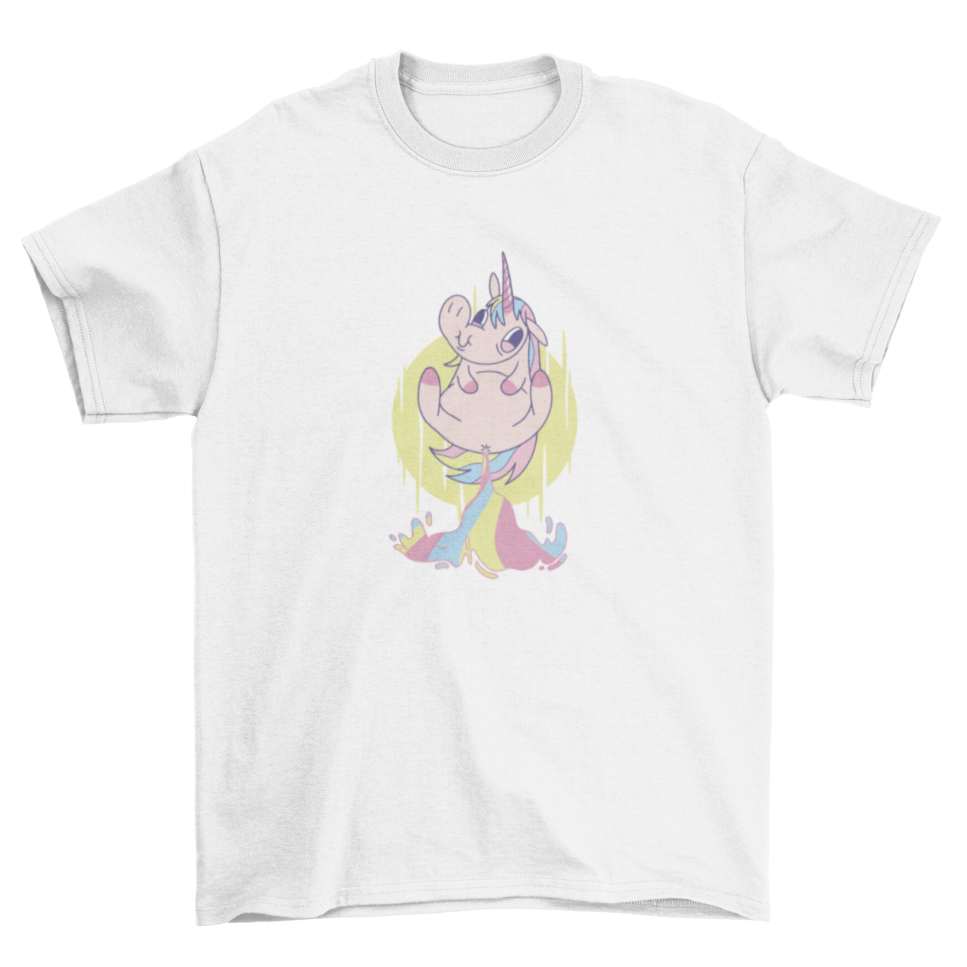 A colorful t-shirt featuring a whimsical illustration of a unicorn farting and flying, perfect for unicorn lovers.