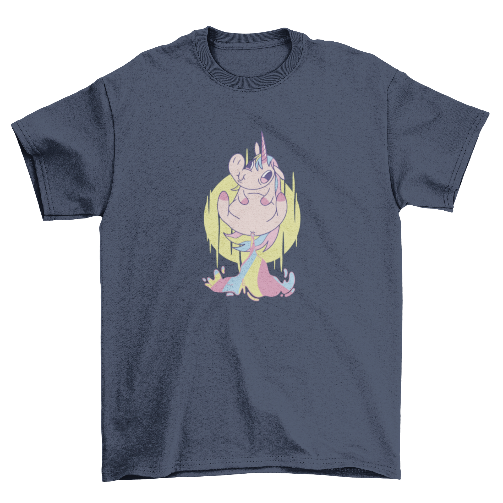 A colorful t-shirt featuring a whimsical illustration of a unicorn farting and flying, perfect for unicorn lovers.