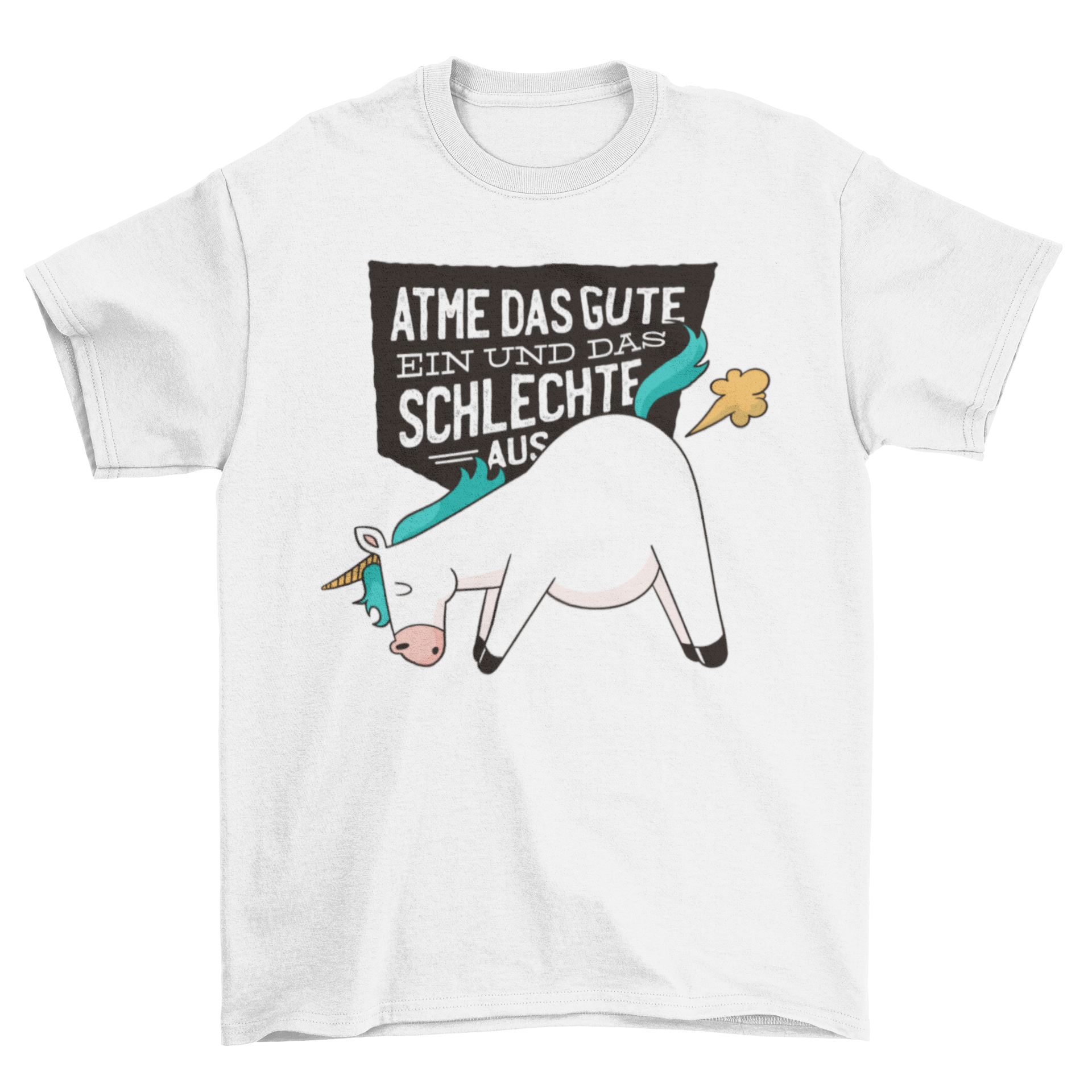 A humorous t-shirt featuring a unicorn blowing a fart with a German quote about positivity.