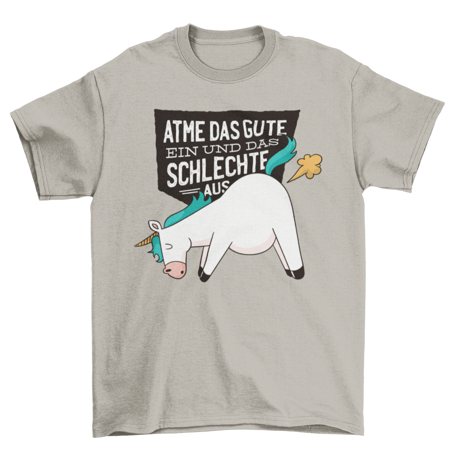 A humorous t-shirt featuring a unicorn blowing a fart with a German quote about positivity.